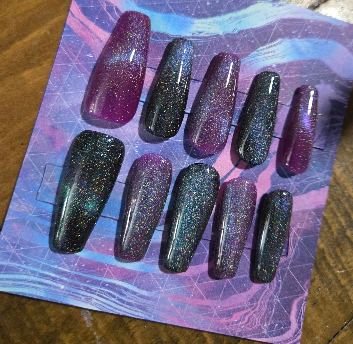 Handmade galaxy cats eye coffin shaped press on nails custom made