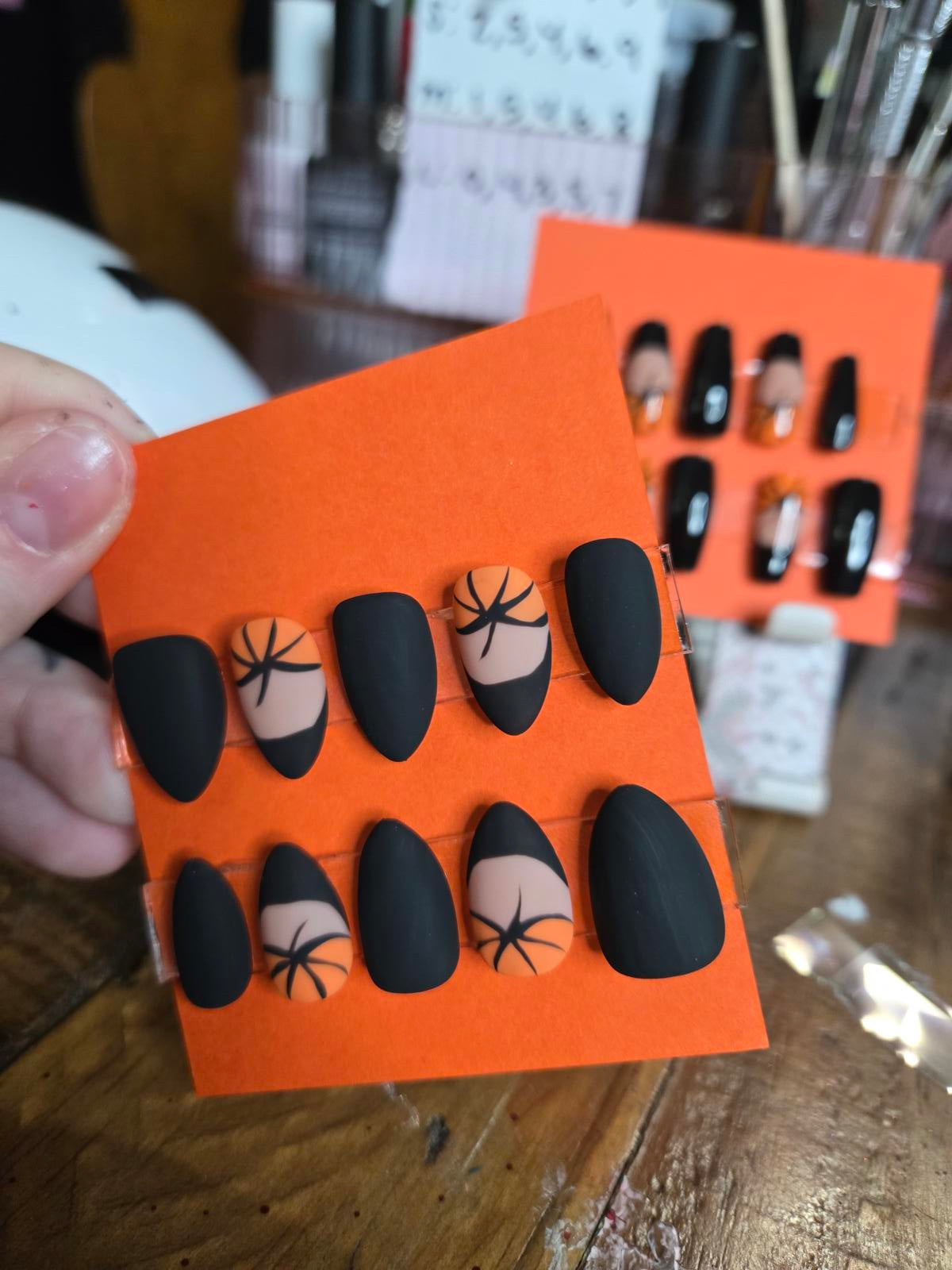 Halloween black and french pumpkin press on nails custom made