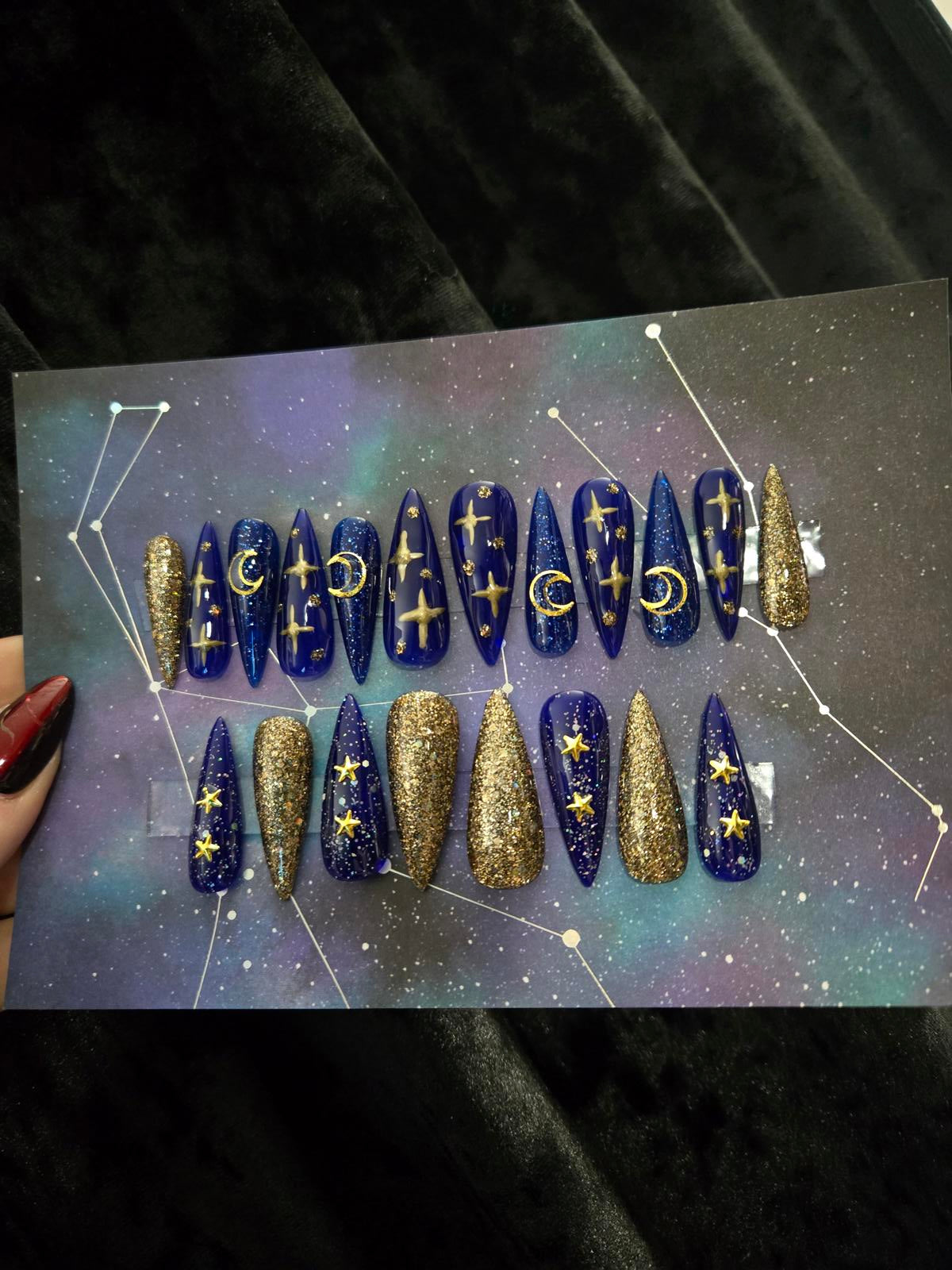 Blue and gold stiletto celestial press on nails custom made