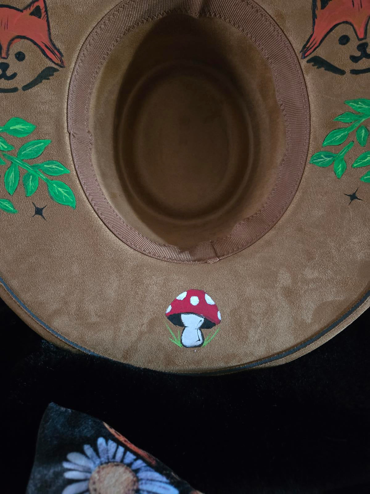 Fox owl and mushroom Hand designed wide brim hat