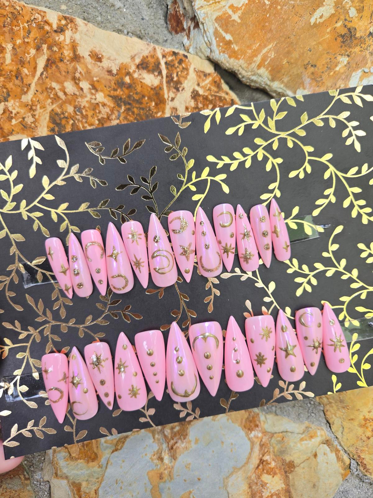 Light pink and gold celestial nails custom made
