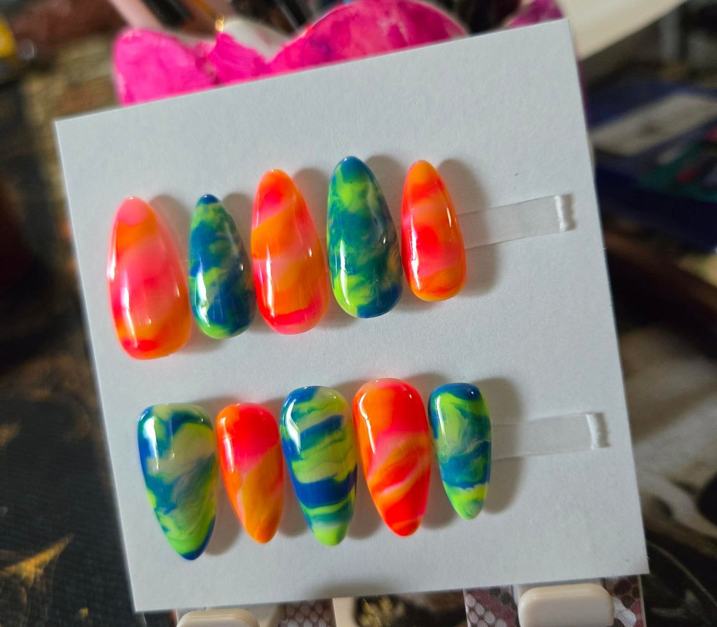 Neon marble almond nails custom made