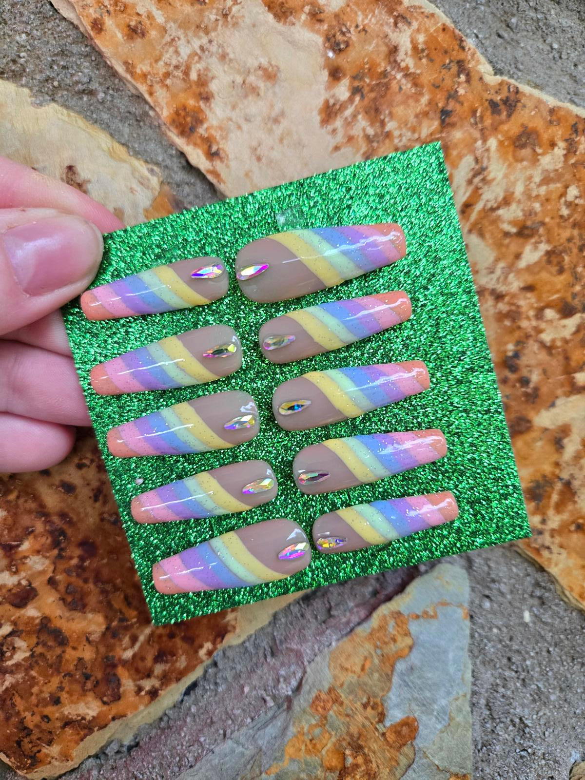 Nude and pastel rainbow striped nails custom made