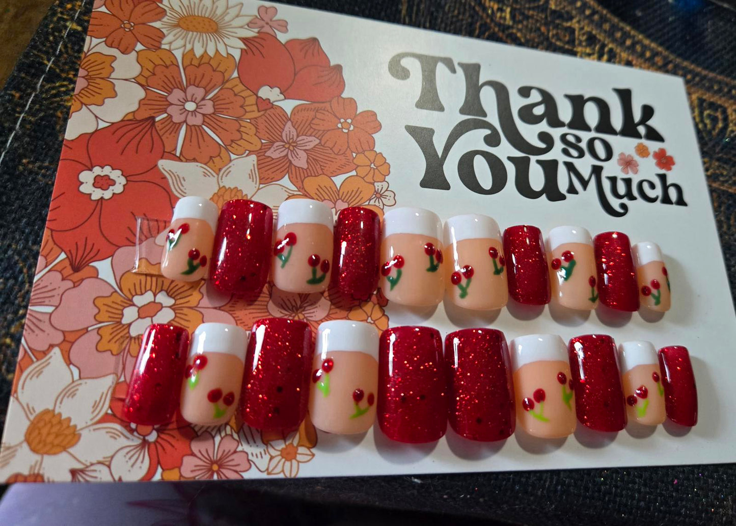 French glitter red and cherries nails custom made