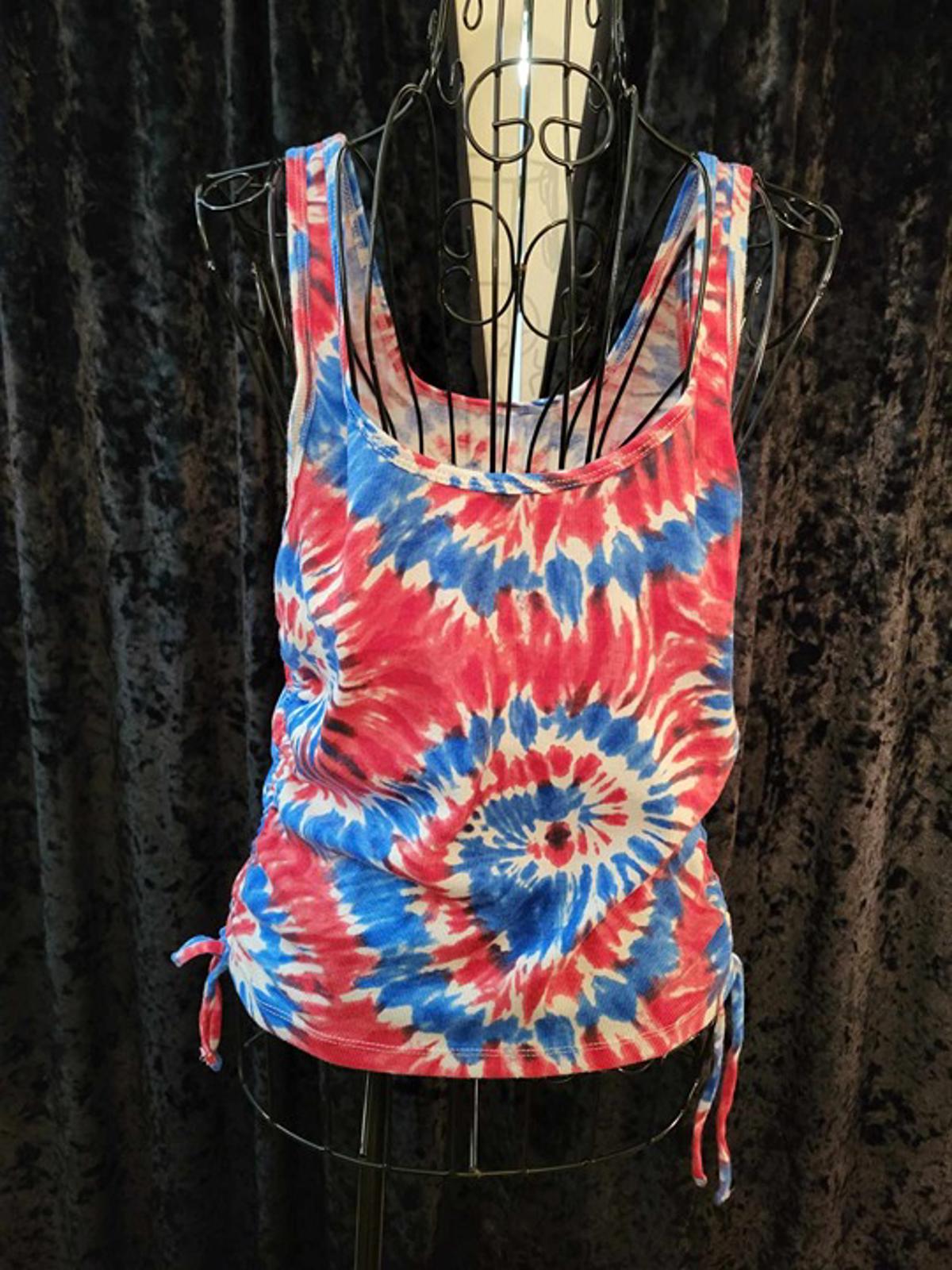 Tie dye red white & blue tank top w/ ruched sides