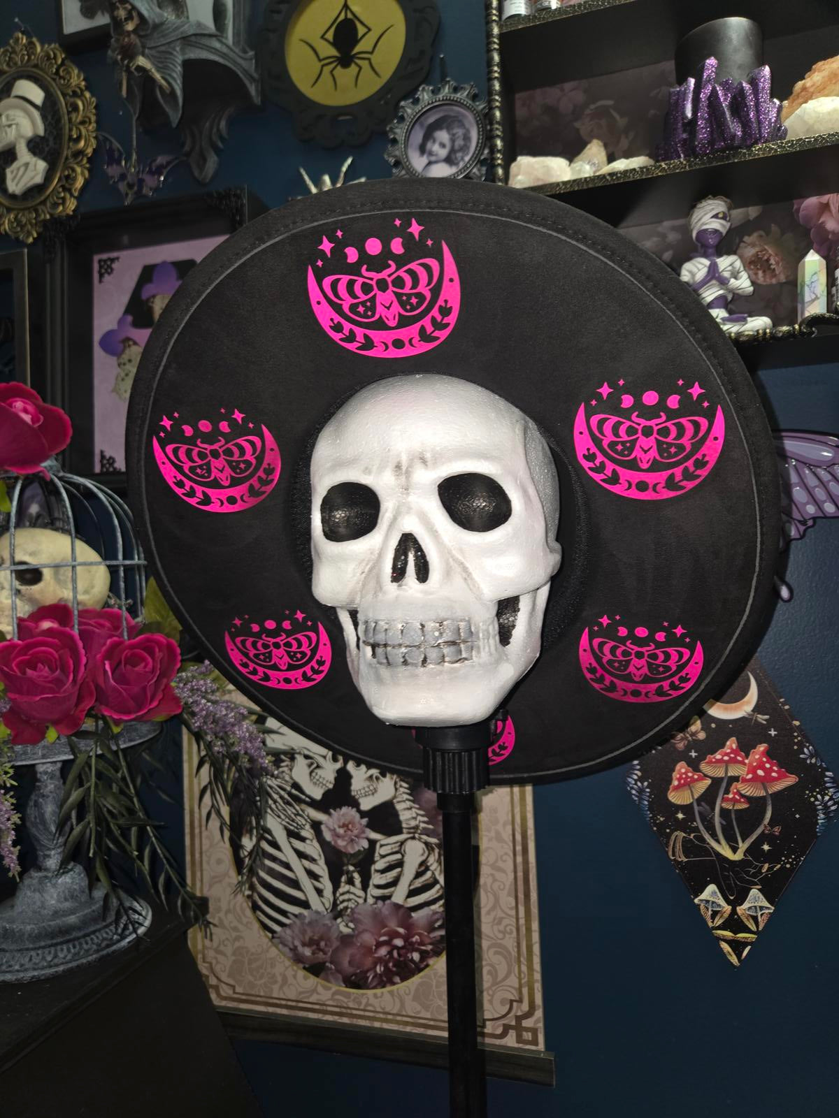 Black vegan suede wide brim fedora hat with hot pink moon moths and stars