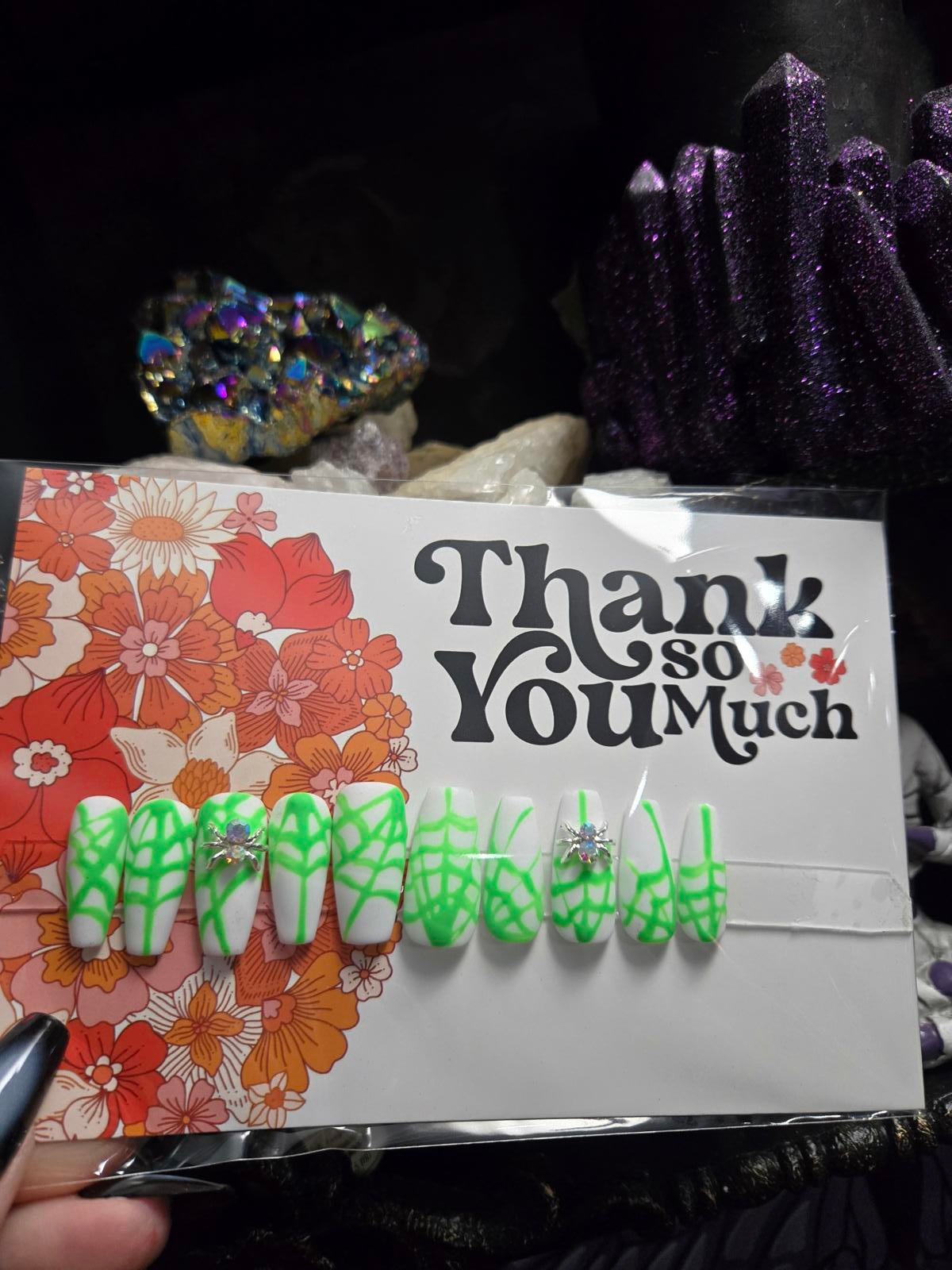 Matte white press on nails with glow in the dark green spiderwebs handmade