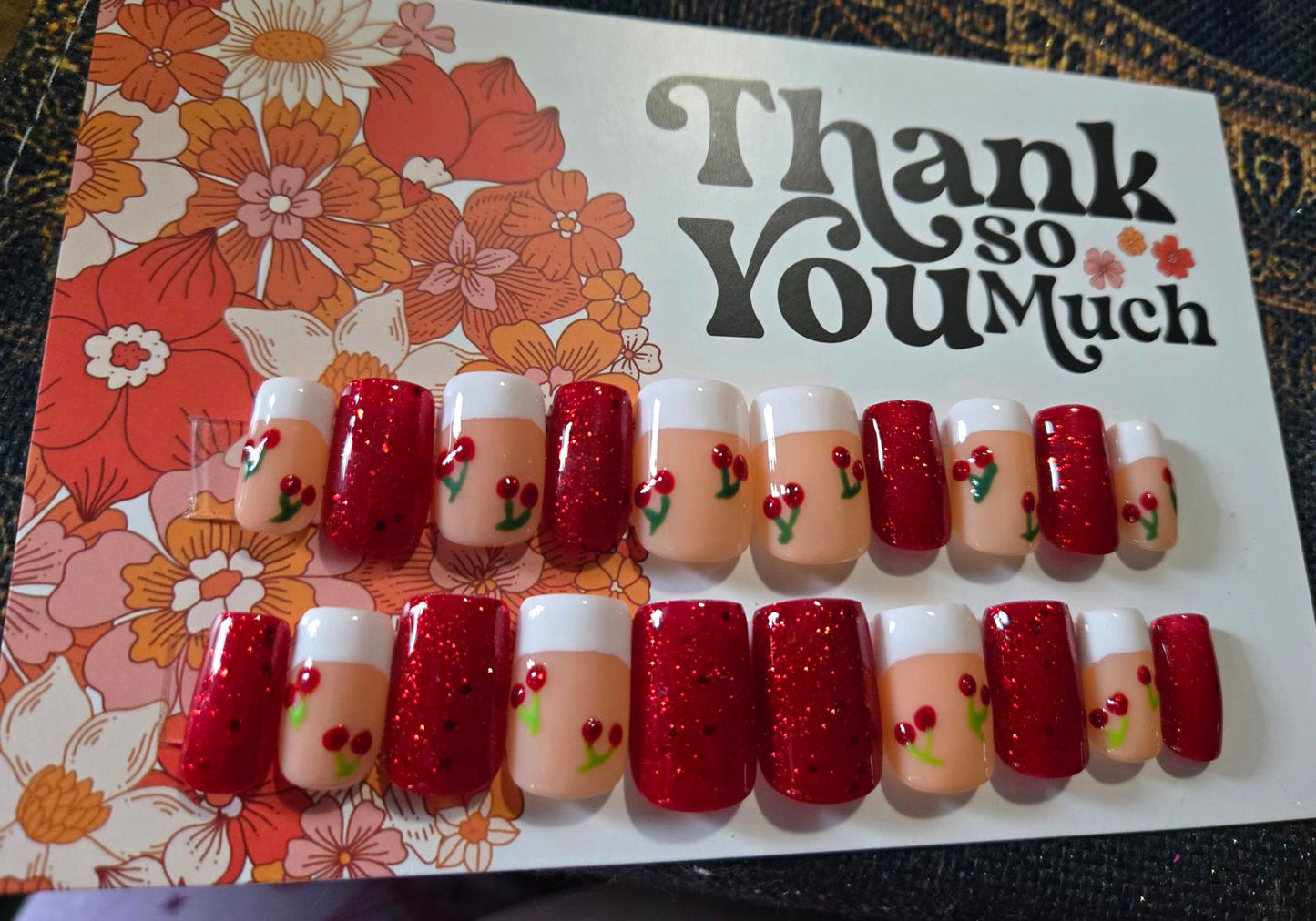 French glitter red and cherries nails custom made