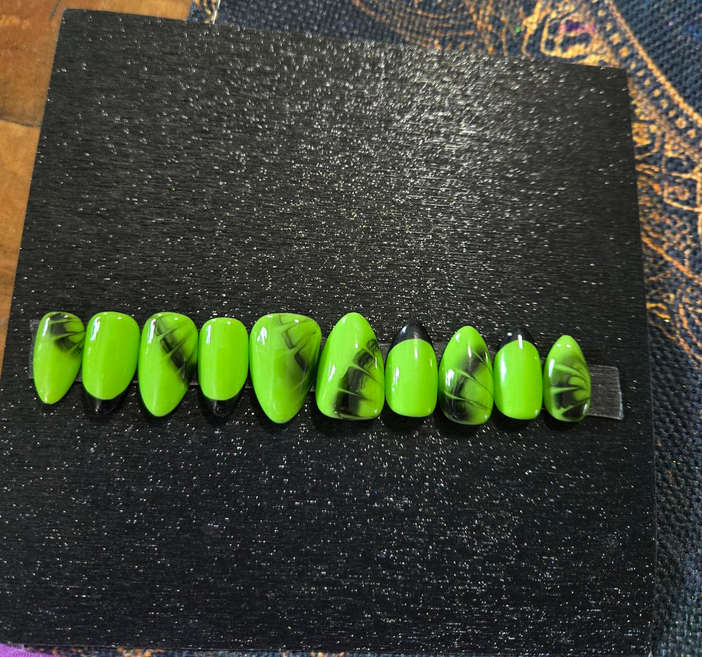 Neon green and black almond nails custom made