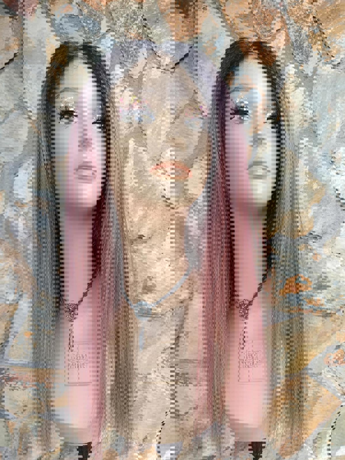 Rose gold mauve straight lace front wig with dark root