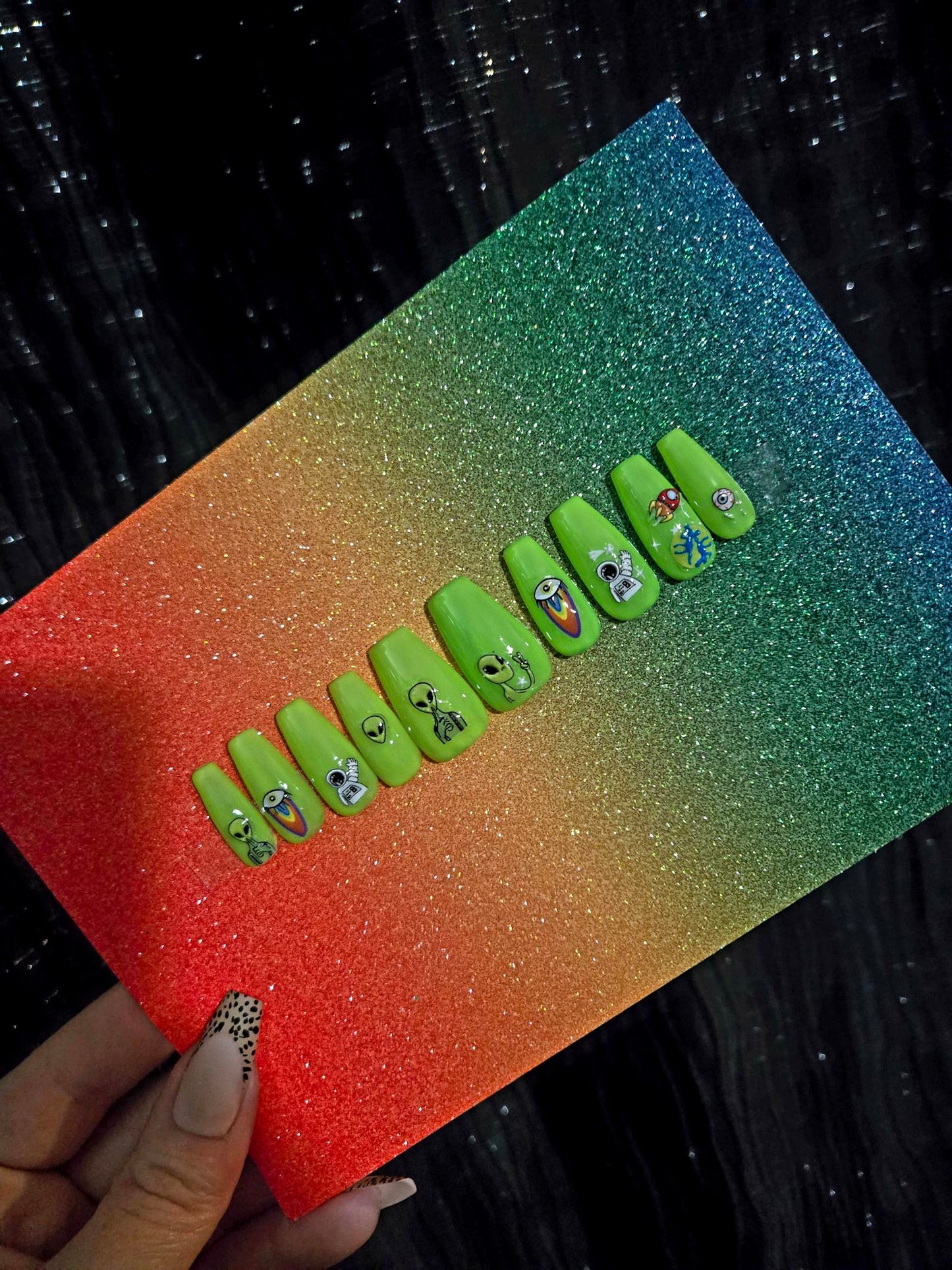 Colorful Alien Press-On Nails handmade made to order