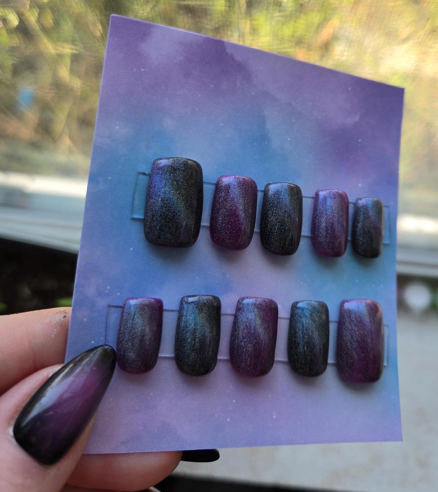 Galaxy cats eye short square press on nails custom made