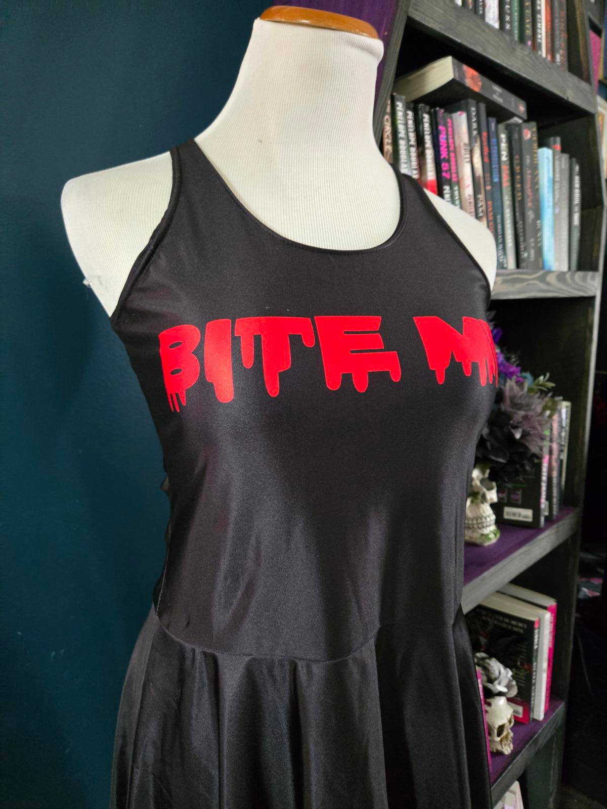 Black skater dress "bite me"