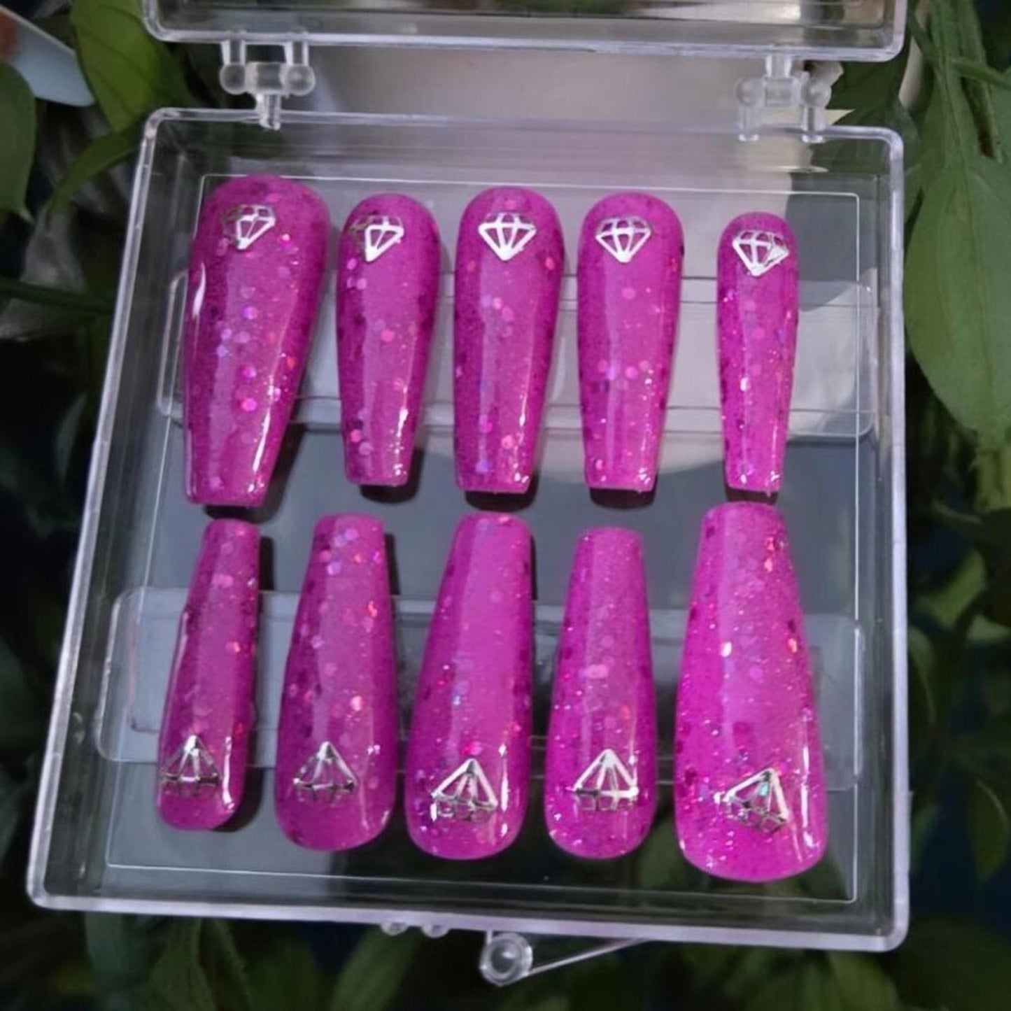 Ballerina shaped magenta sparkly press on custom nails