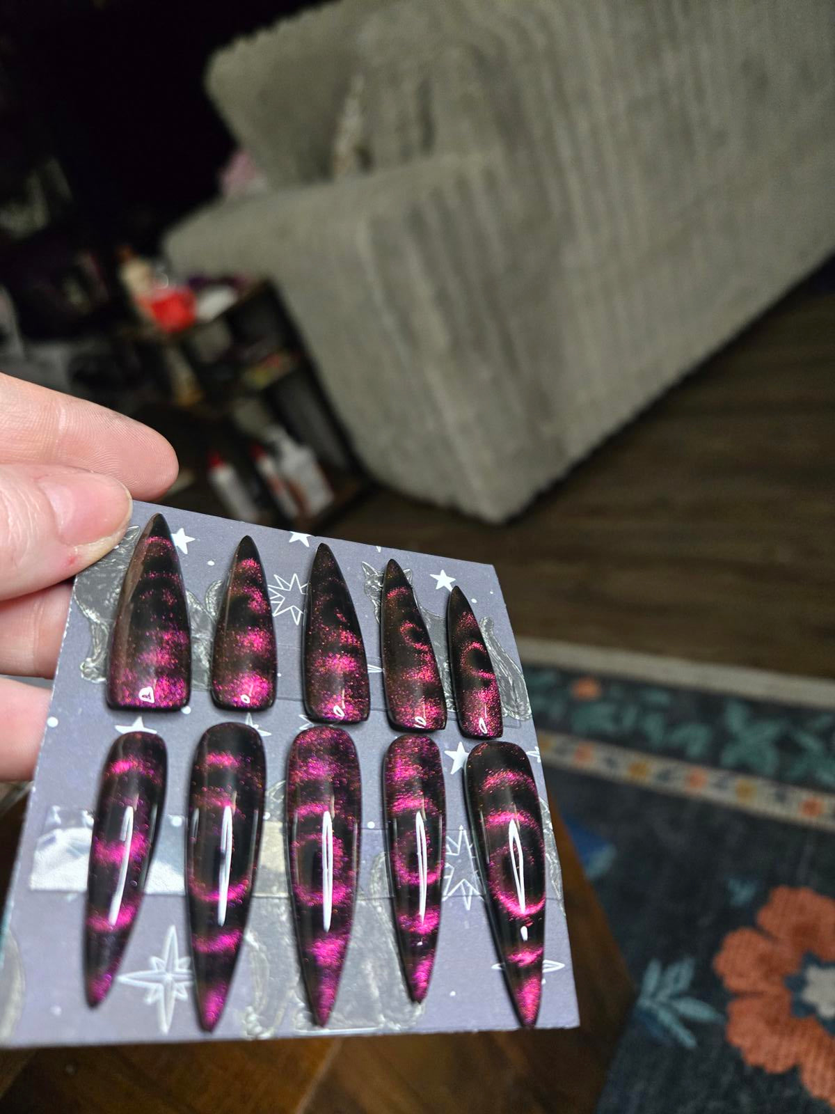 Extra long stiletto swirly cat eye nails custom made