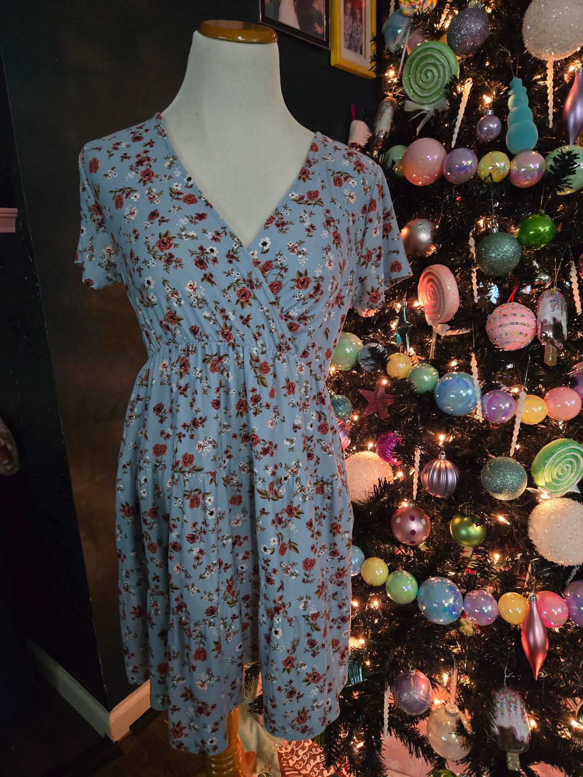 Blue floral mini dress wrap style