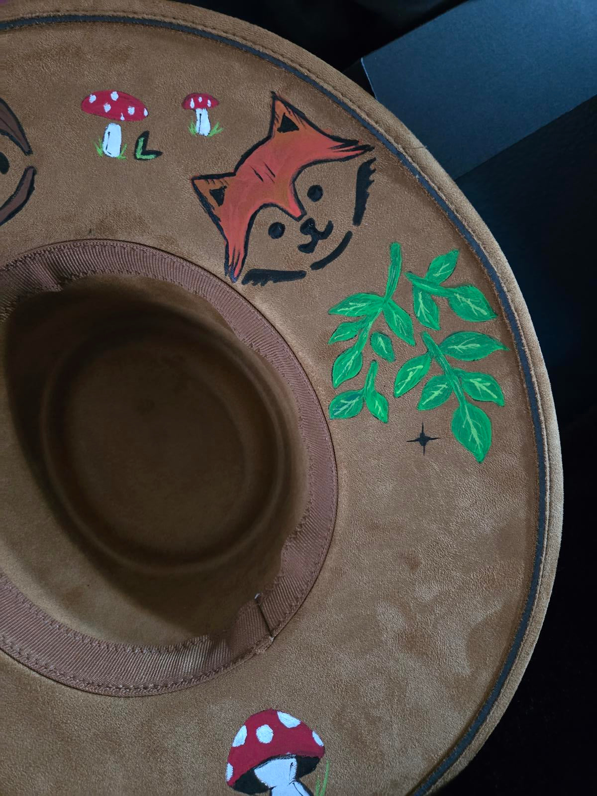 Fox owl and mushroom Hand designed wide brim hat