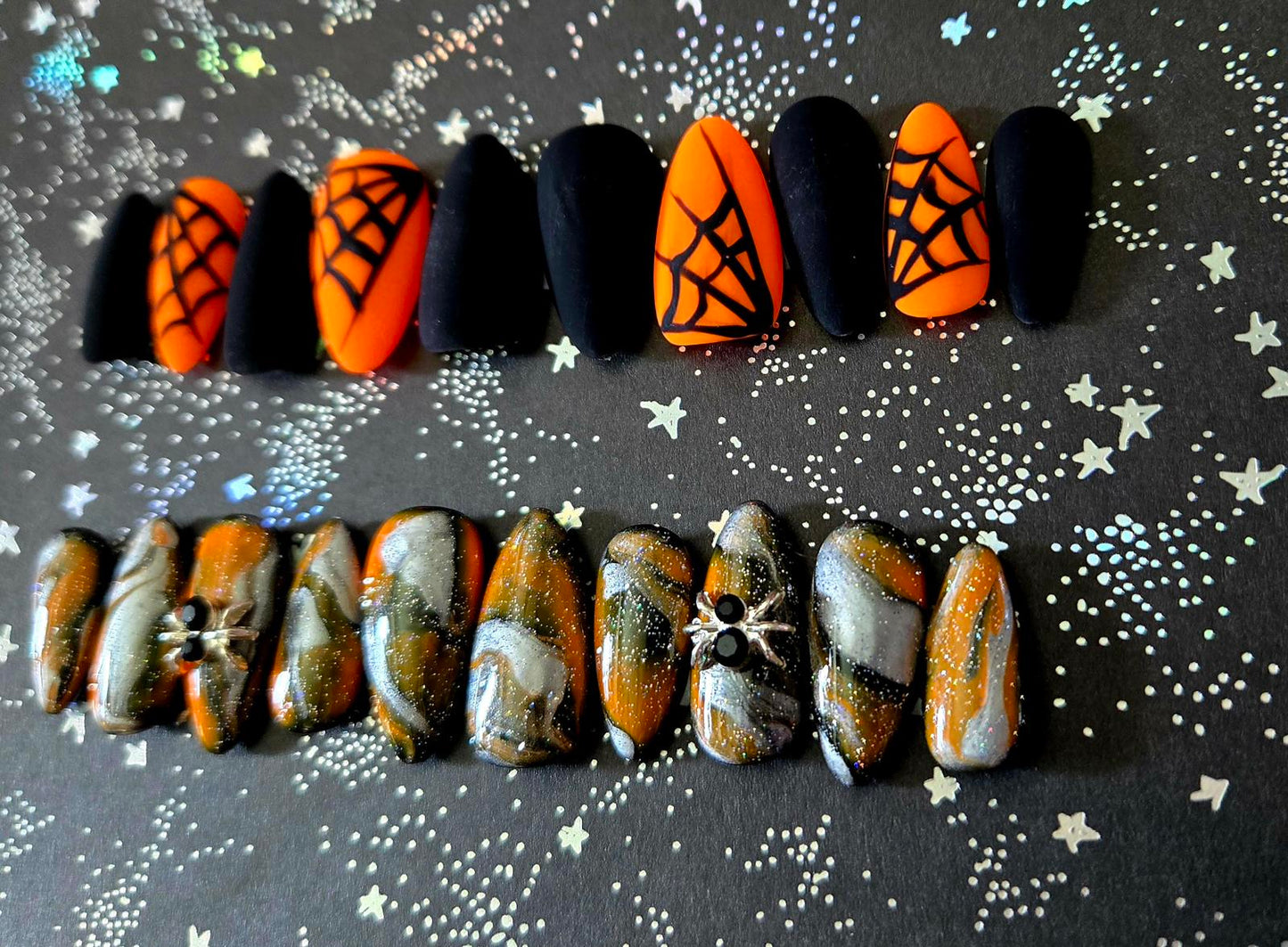 Halloween orange and black marble spiderweb nails custom made