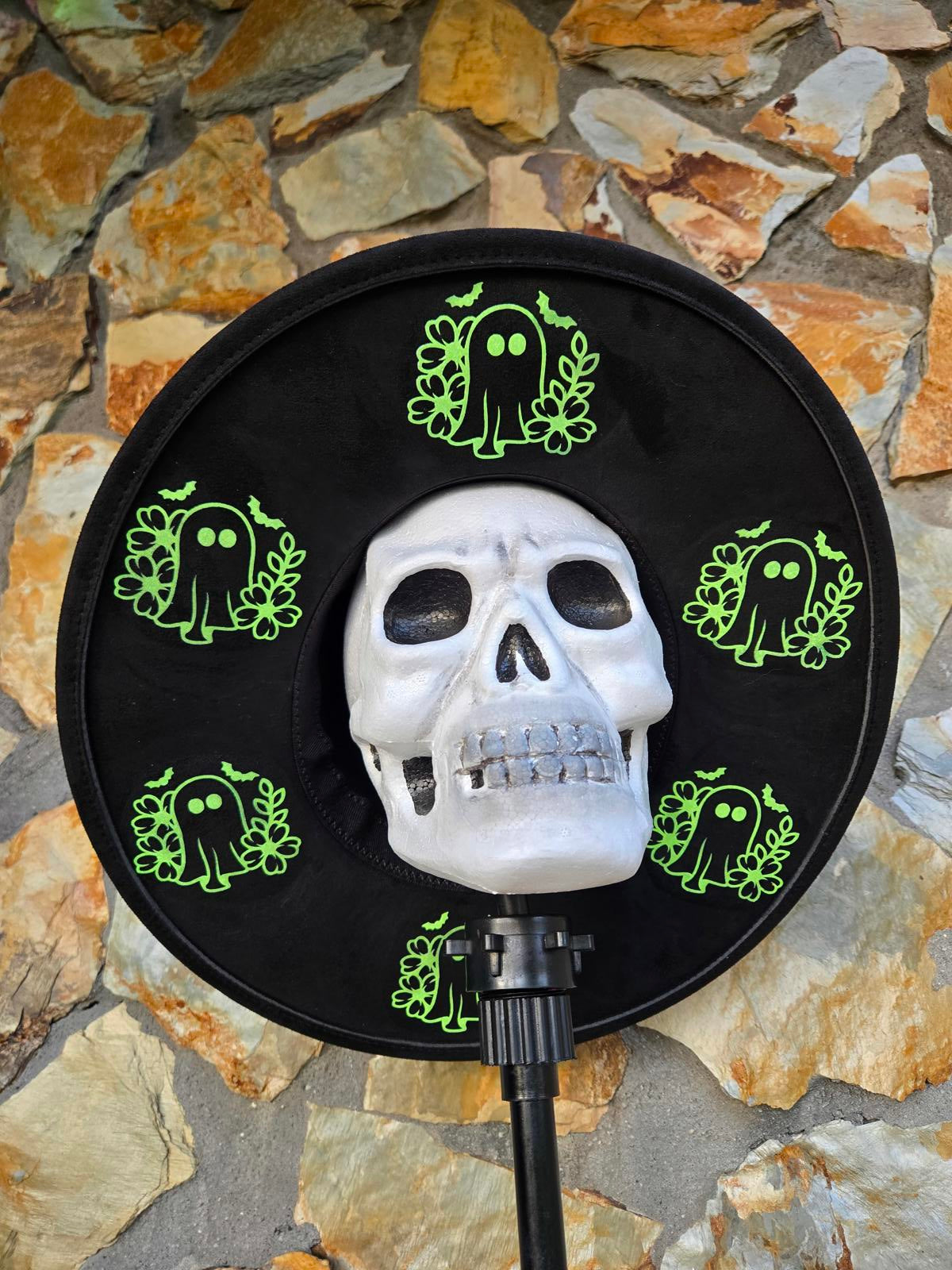 Black and neon ghost vegan wide brim fedora hat witchy goth