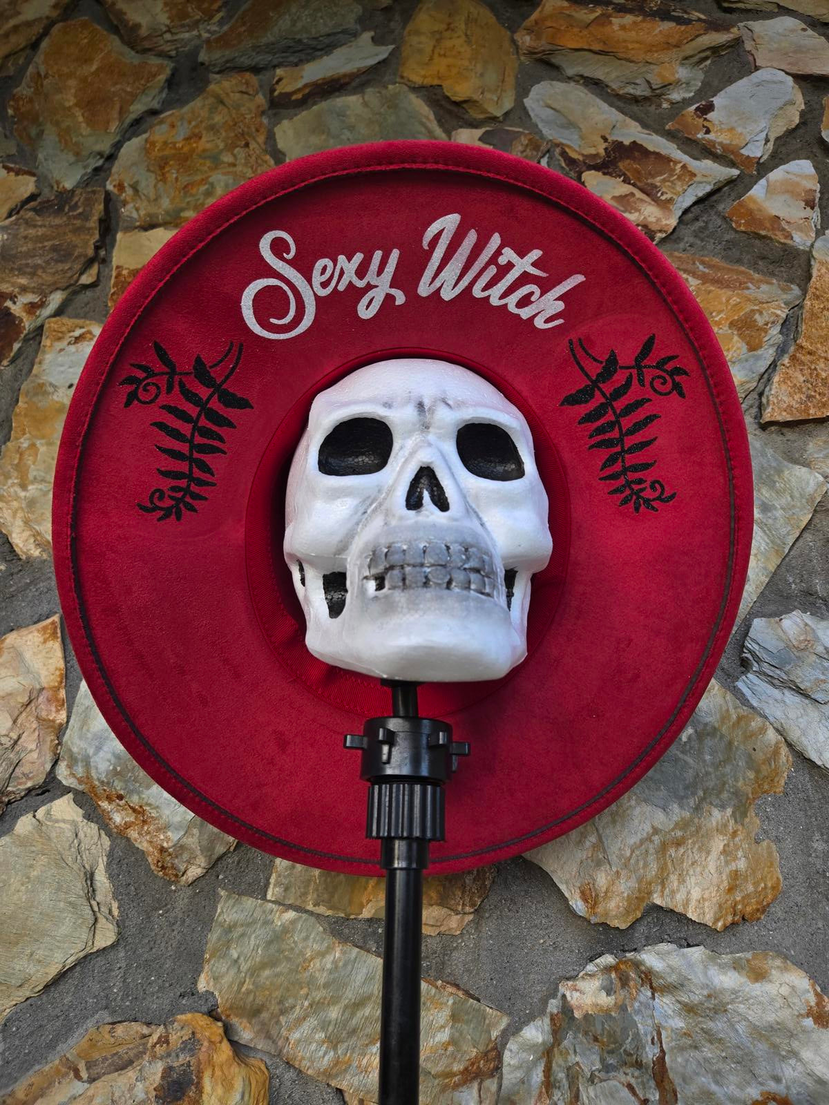 Sexy witch and ferns red wide brim vegan fedora hat