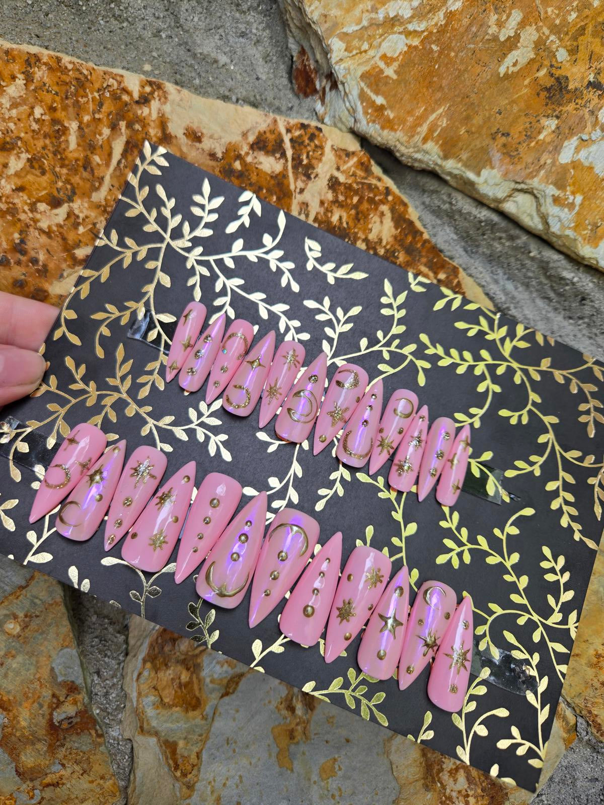 Light pink and gold celestial nails custom made