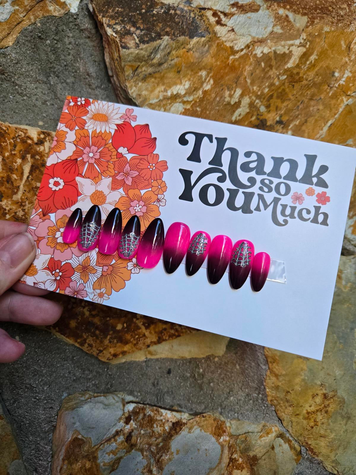 Hot pink and black ombre spiderweb nails custom made