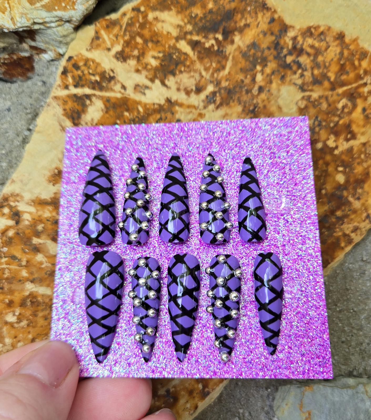 Purple and black lace up punk nails custom made