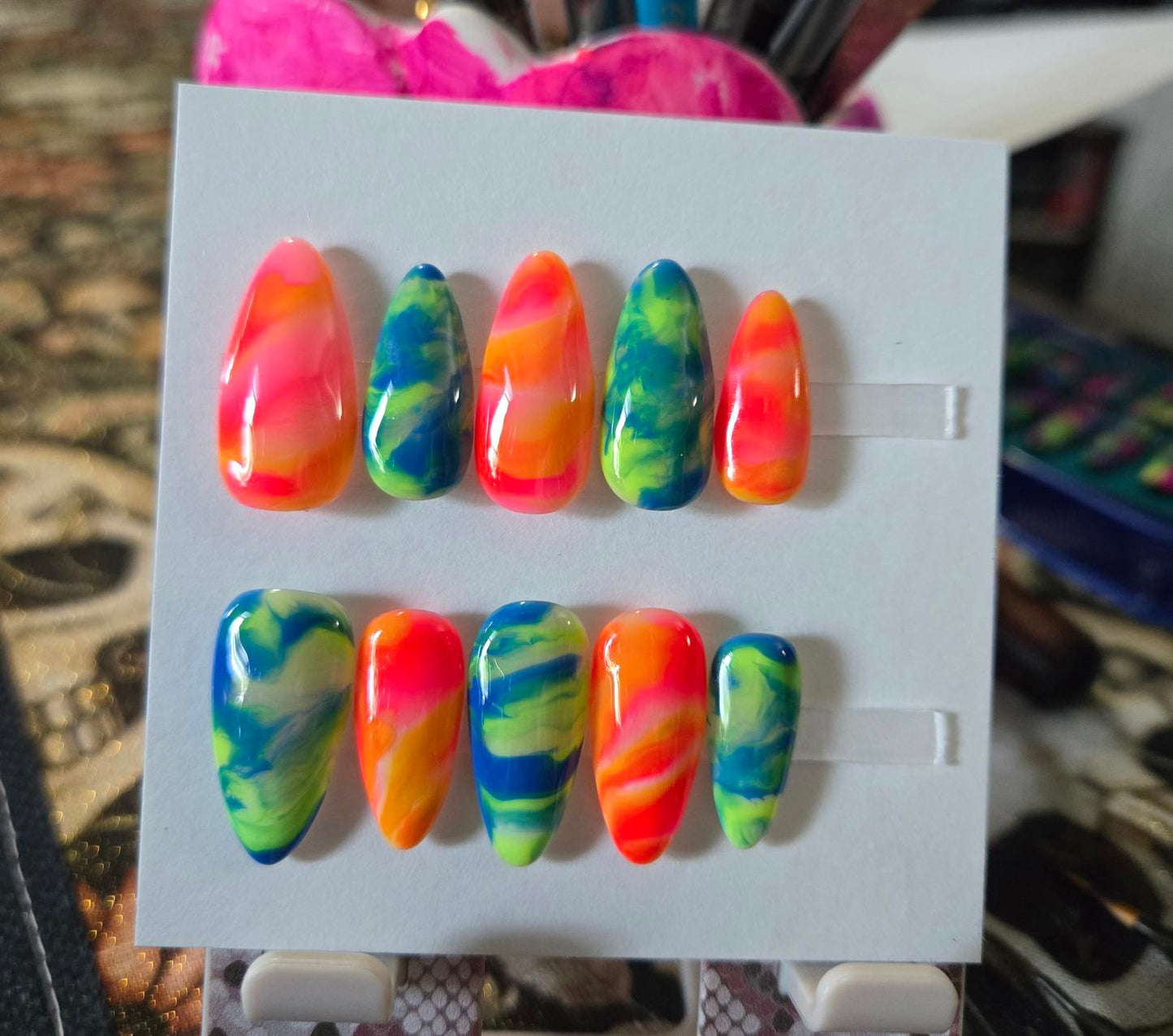 Neon marble almond nails custom made
