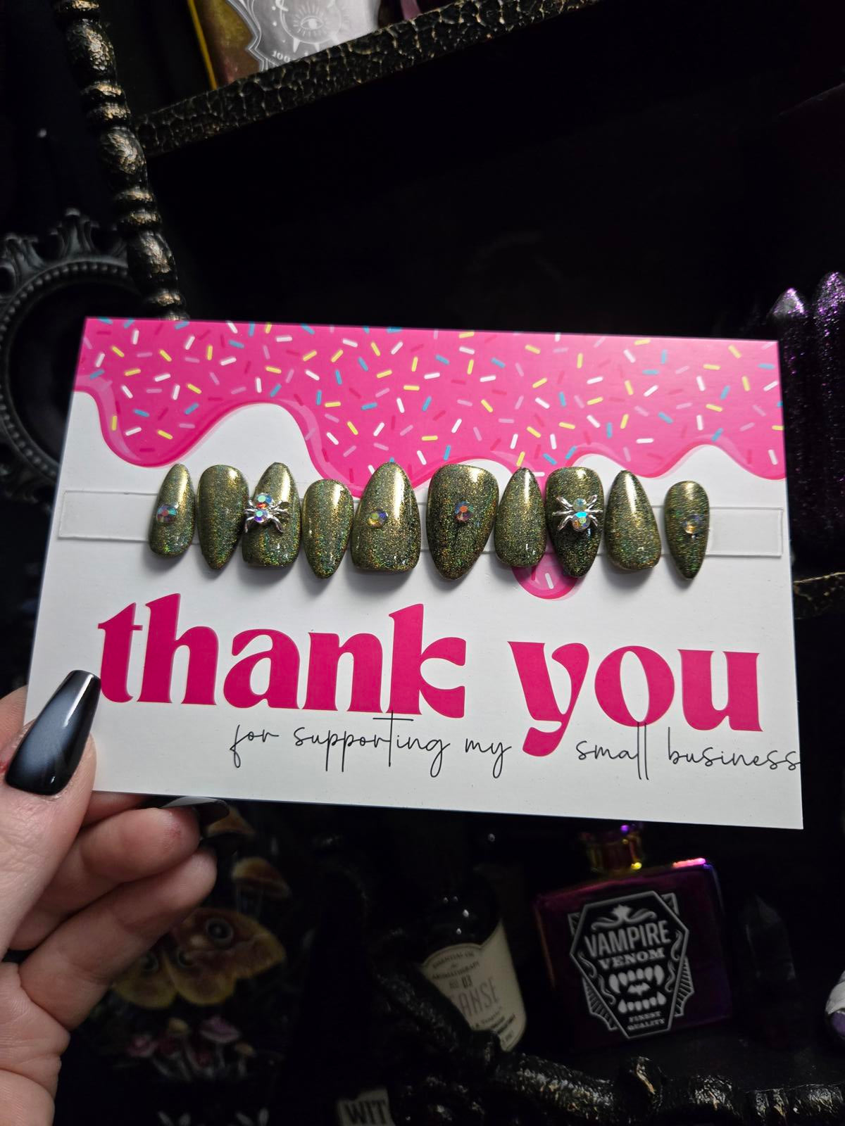 Holographic gold press on nails with spider charms