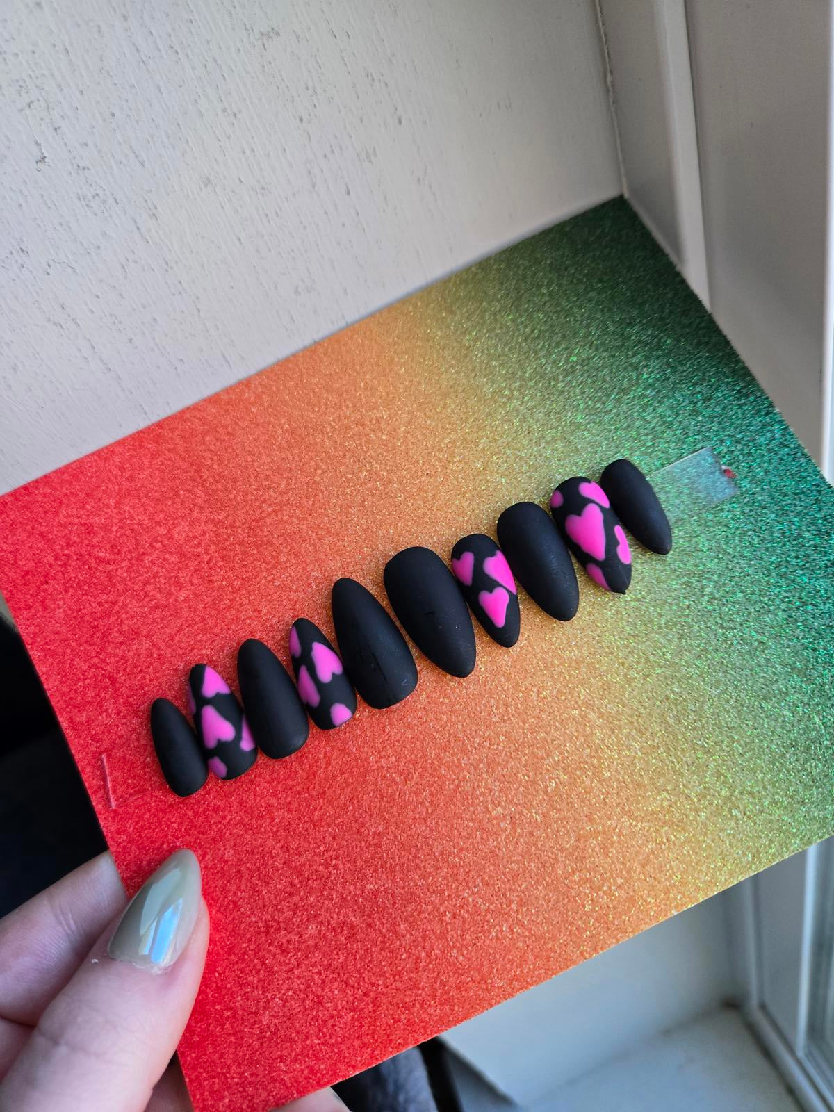 Matte Hand painted nails black with pink hearts