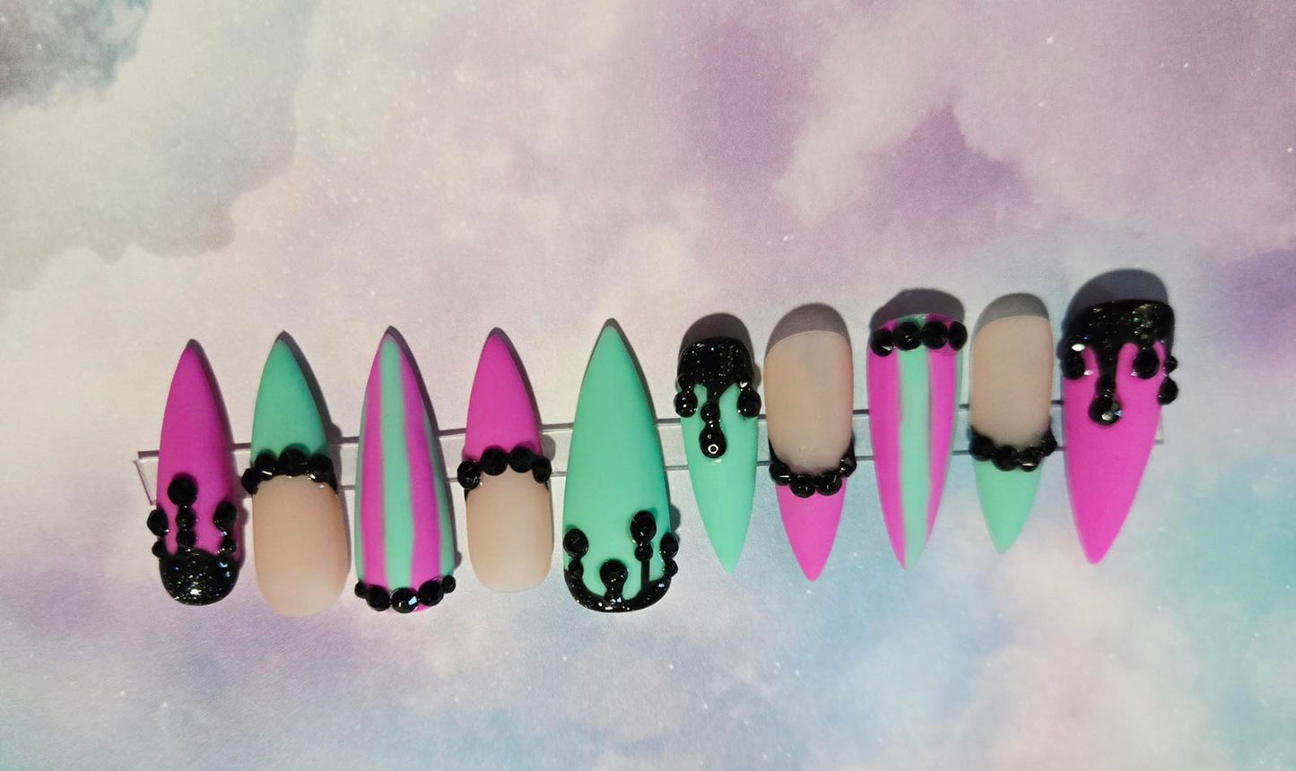 Matte pastel stiletto drippy nails custom made