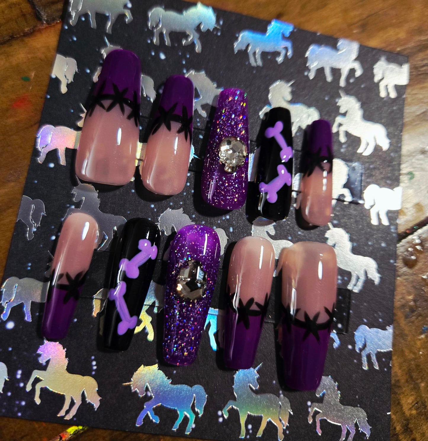 Halloween coffin shaped french tip with bones press on nails custom made