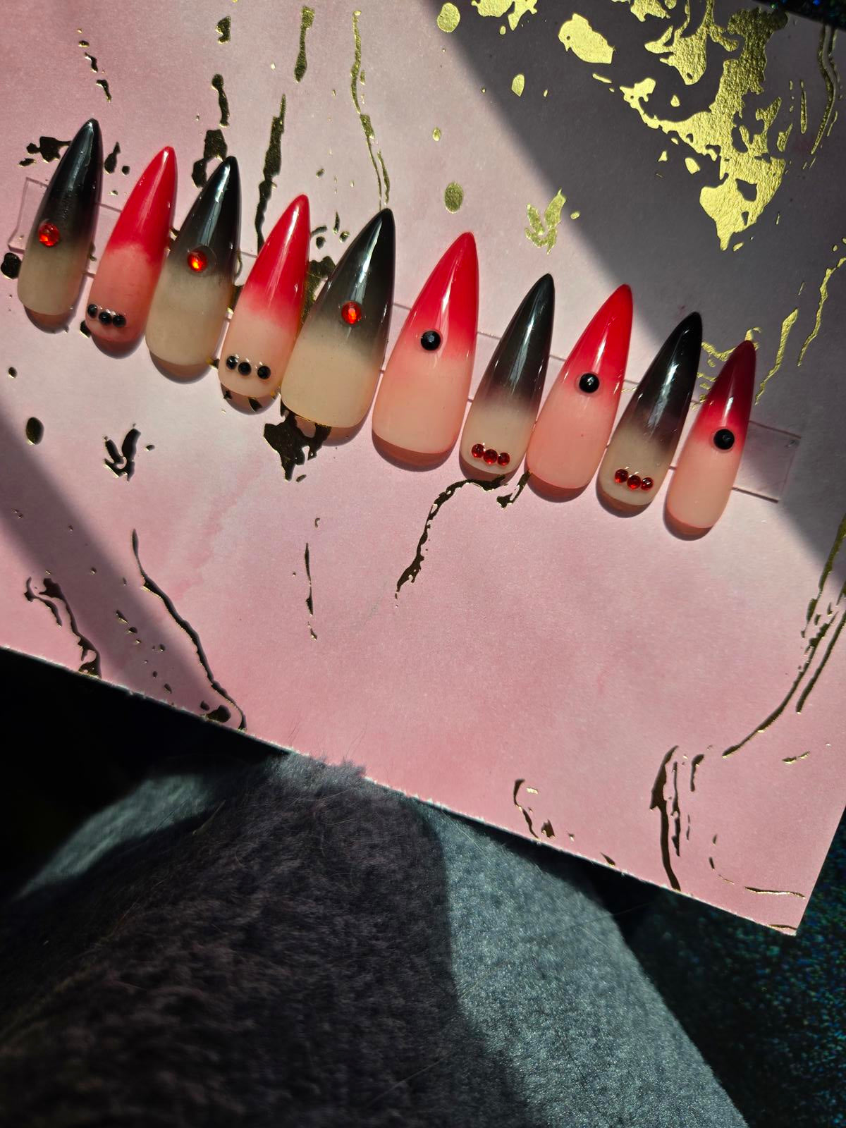handmade stiletto red and black ombre gothic press on nails