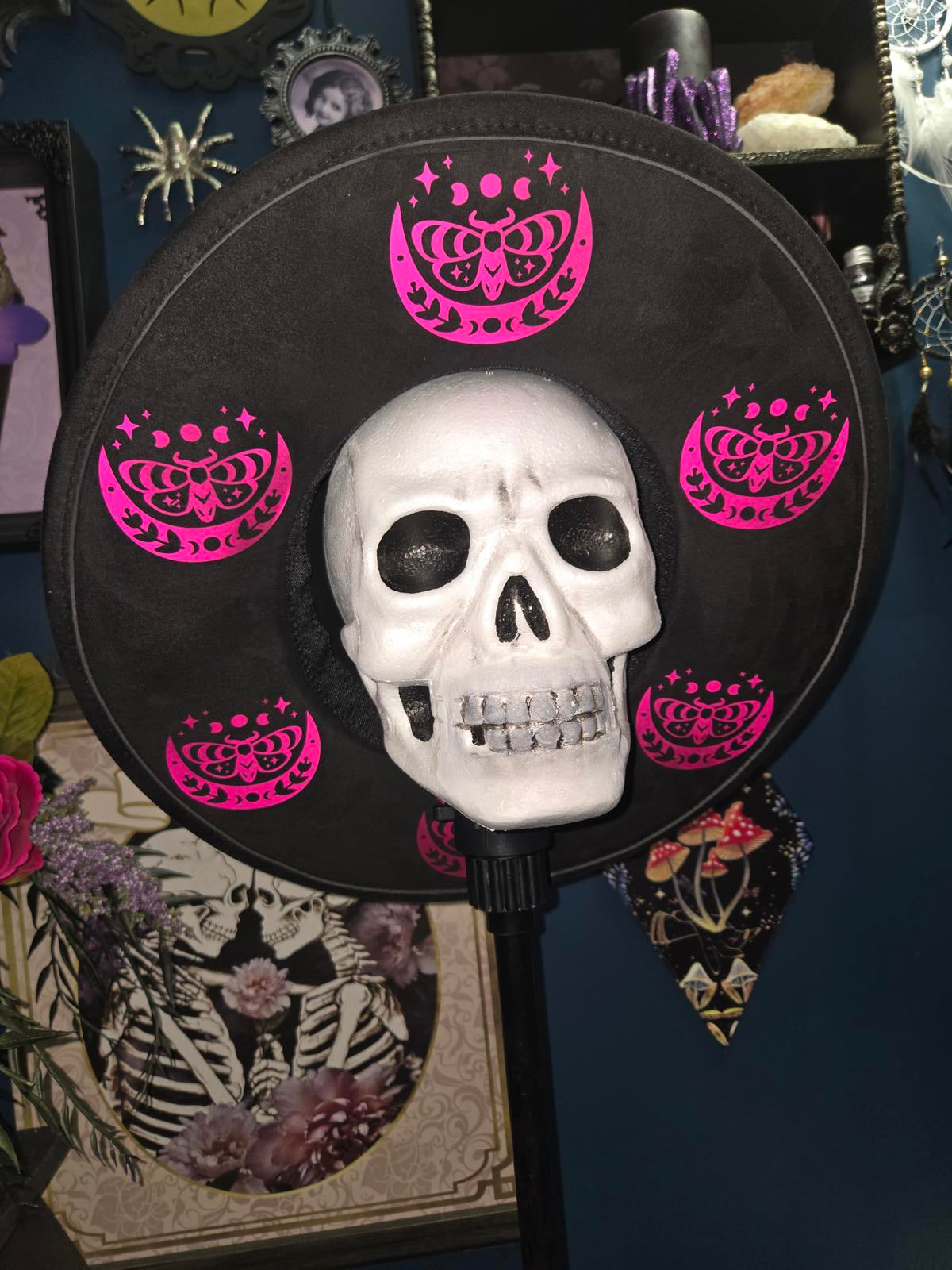 Black vegan suede wide brim fedora hat with hot pink moon moths and stars