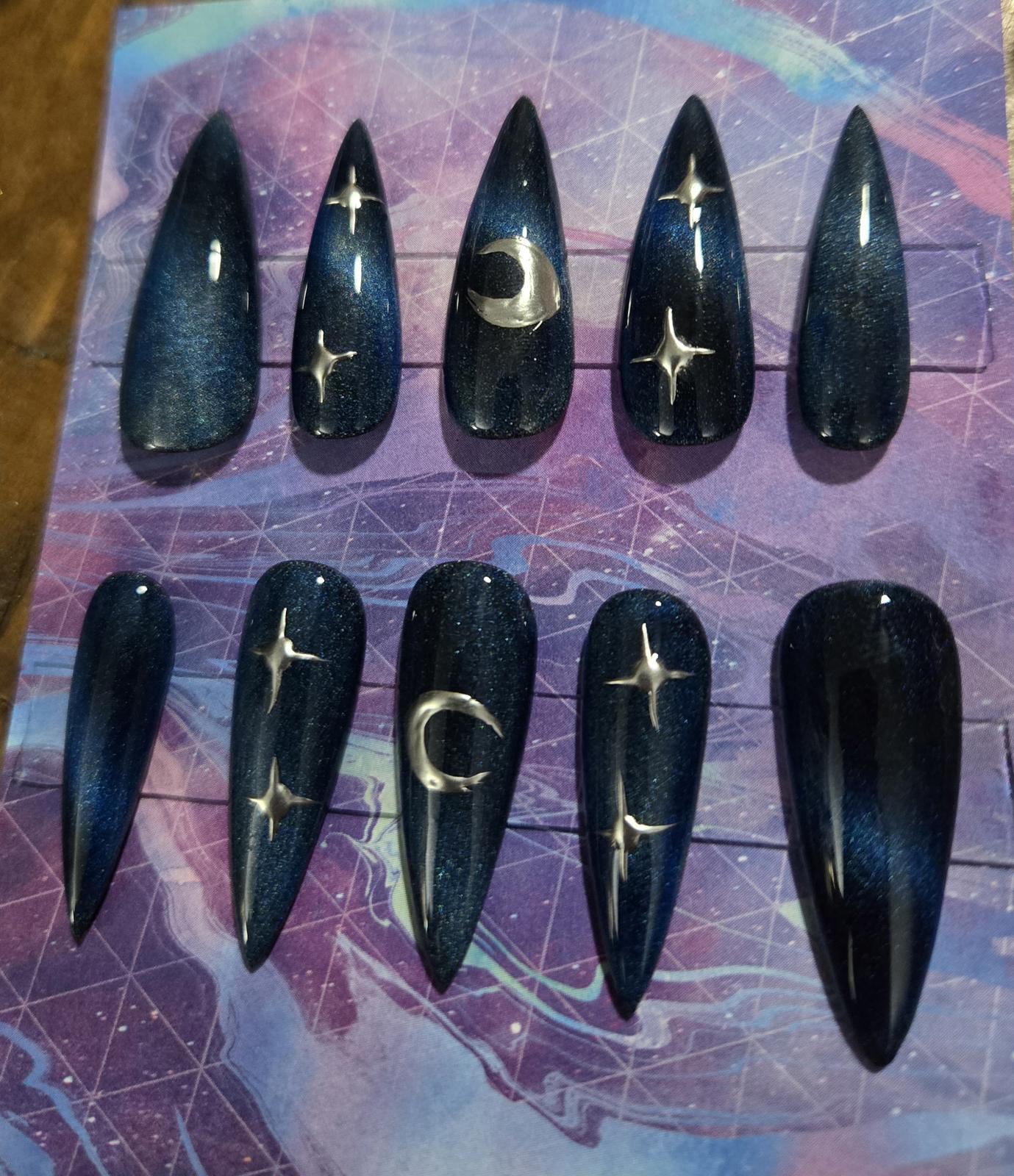 Celestial blue cats eye stiletto press on nails custom made