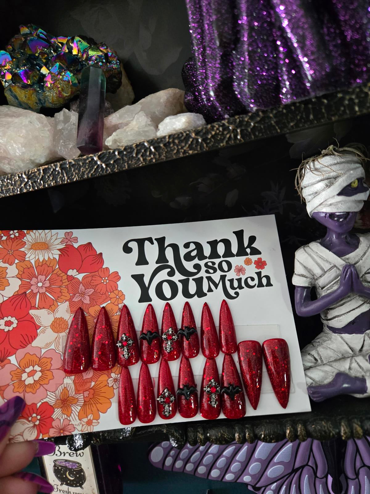 Vampy stiletto nails with goth charms custom made