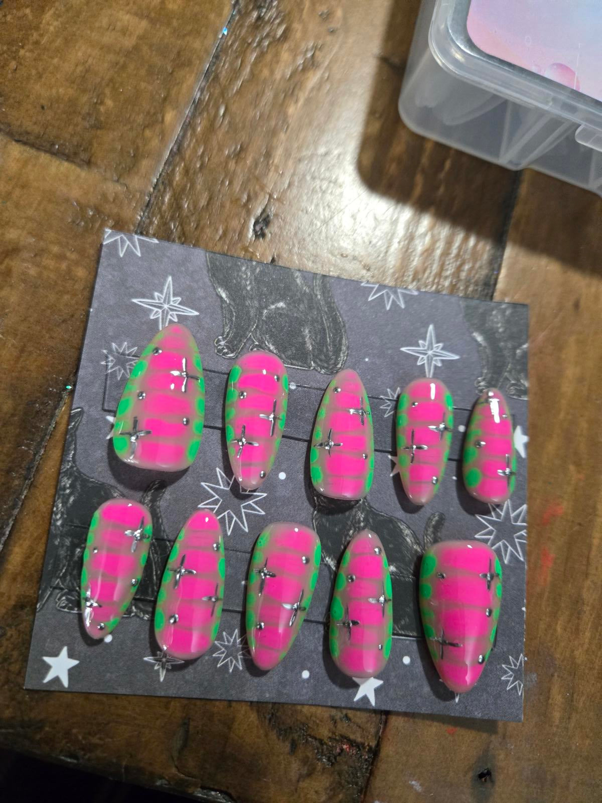 Pink and green almond press on nails custom made