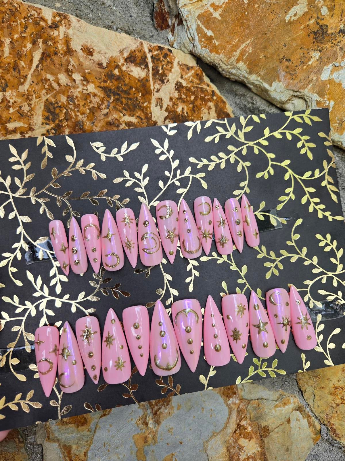 Light pink and gold celestial nails custom made