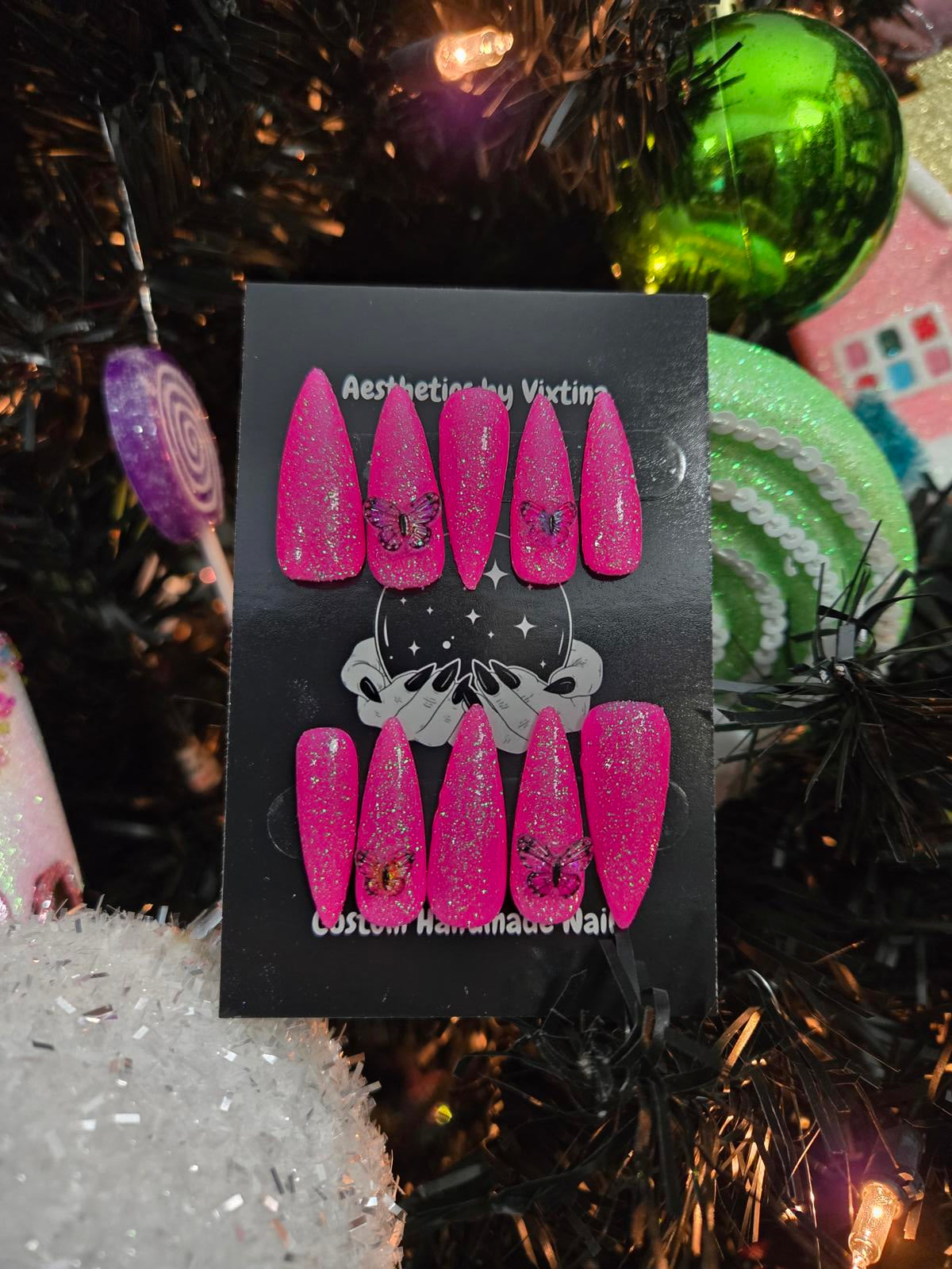 Pink glittery press on nails custom made