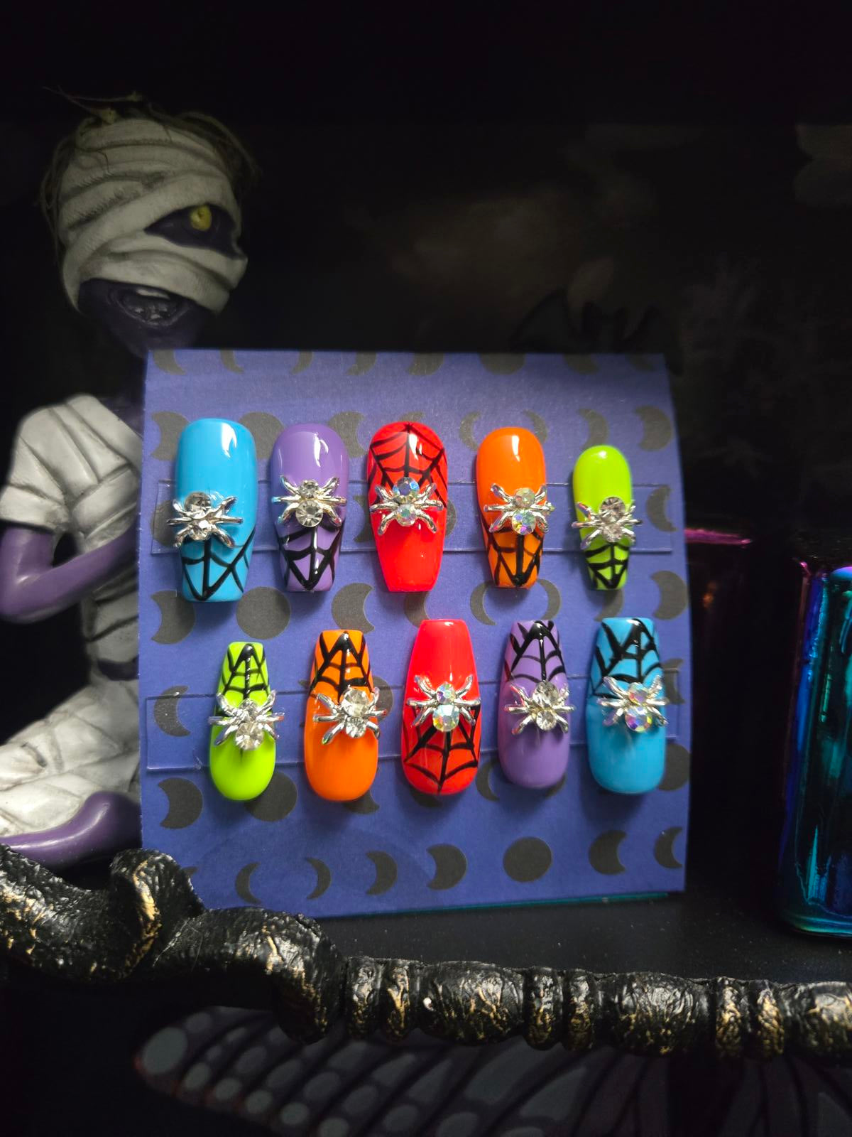 Neon spiderwebs spider charm press on Halloween nails custom made