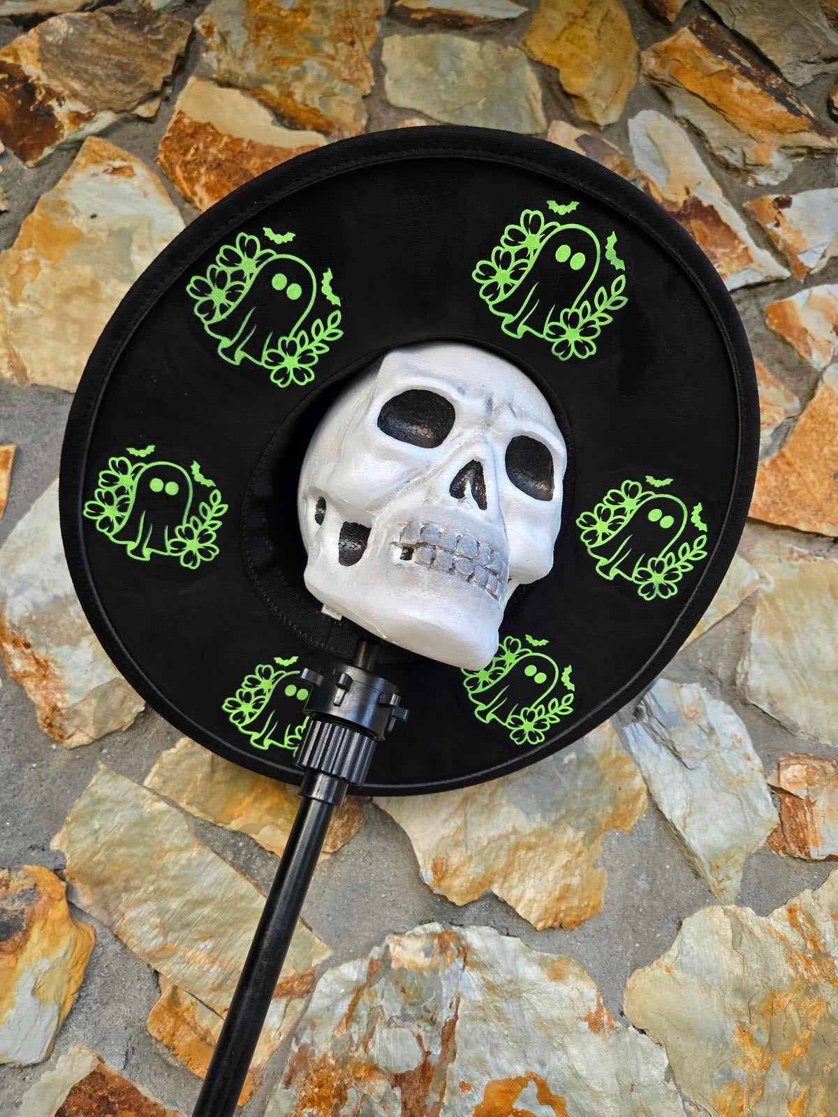 Black and neon ghost vegan wide brim fedora hat witchy goth