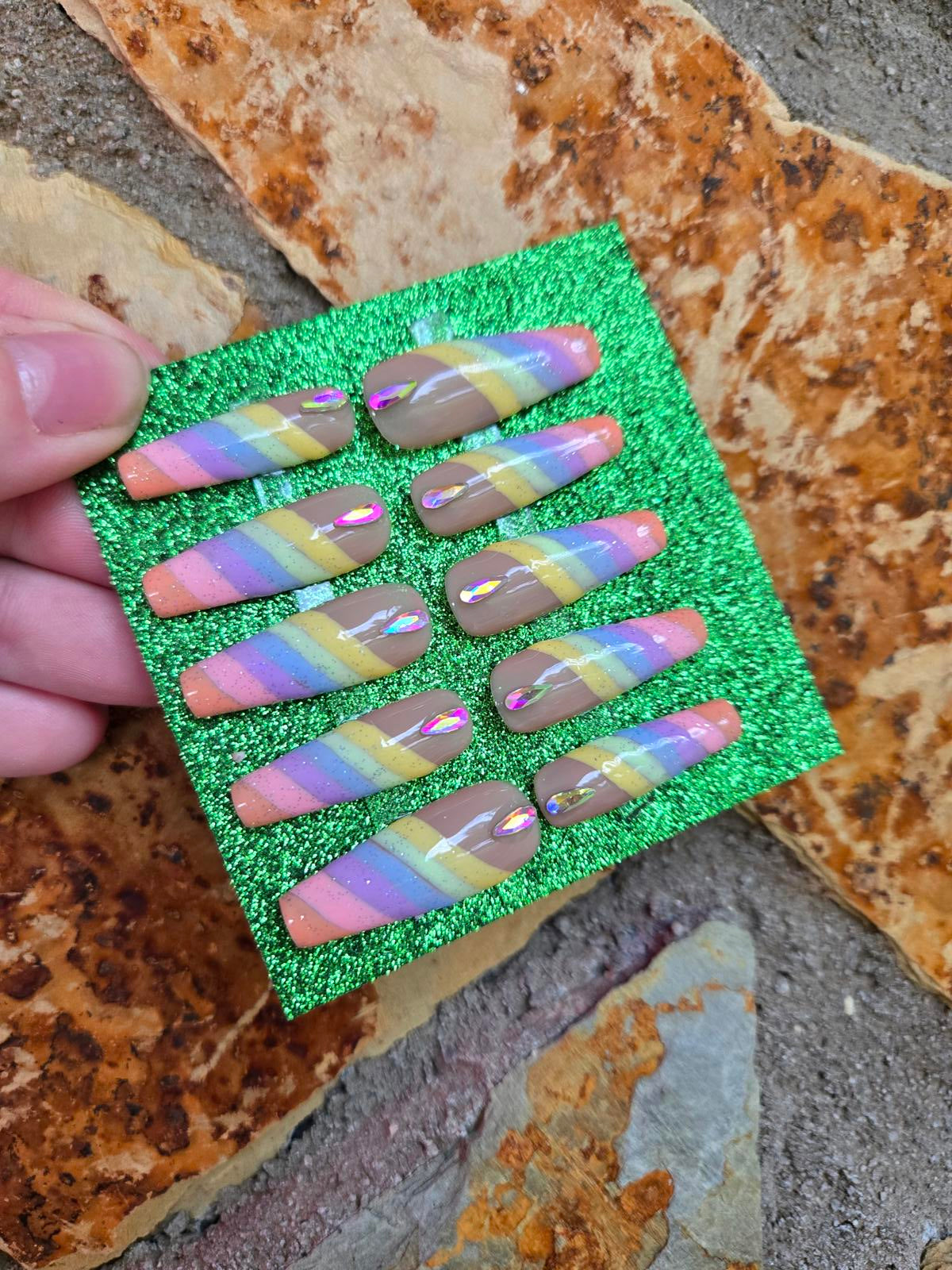 Nude and pastel rainbow striped nails custom made