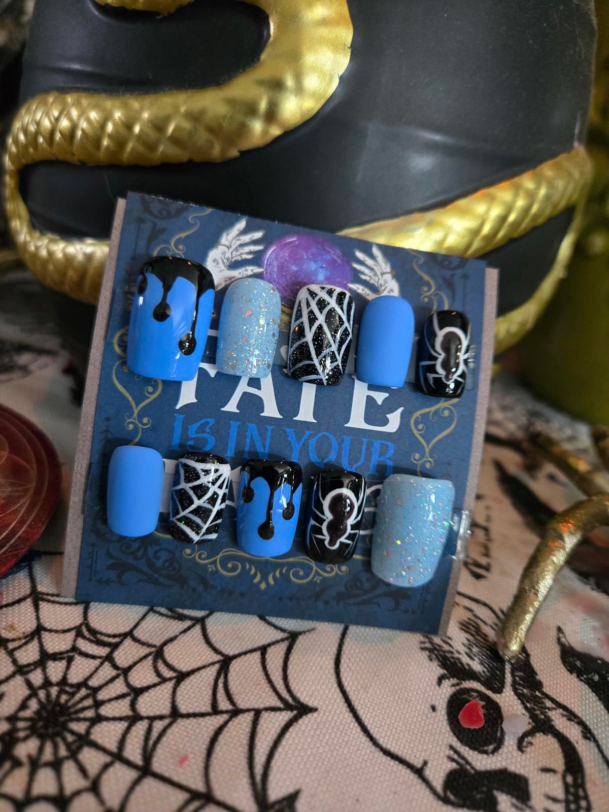 Spooky blue halloween press on nails custom made