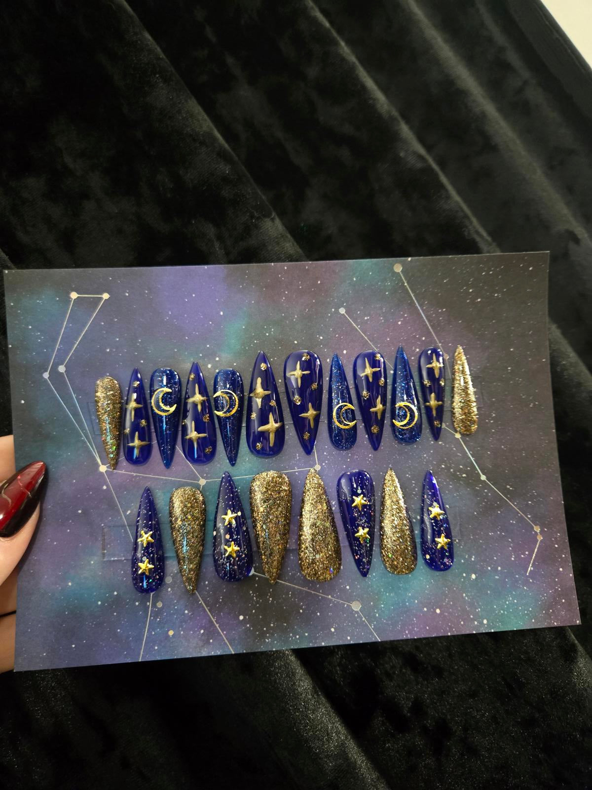 Blue and gold stiletto celestial press on nails custom made