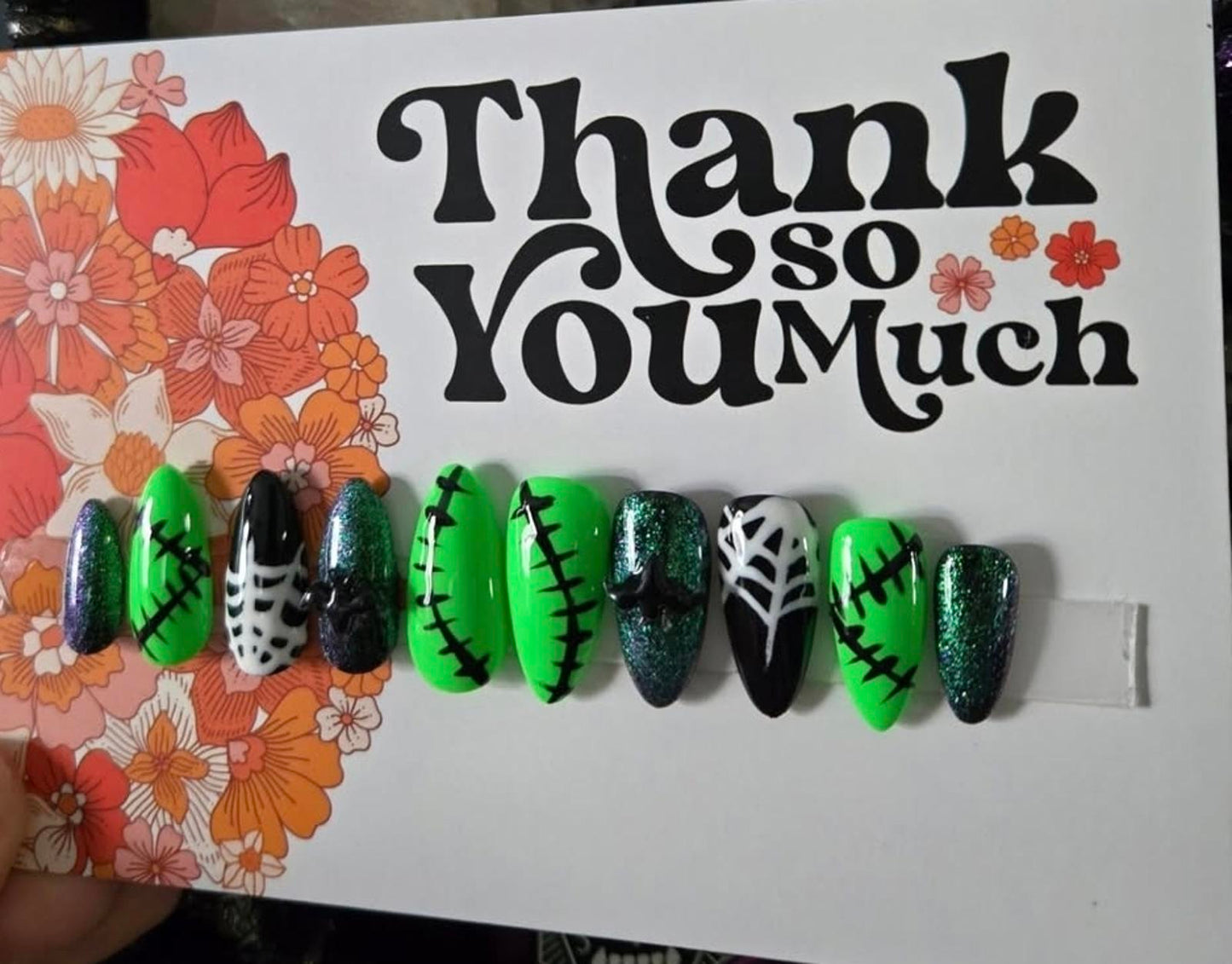 Almond green and black gothic custom press on nails