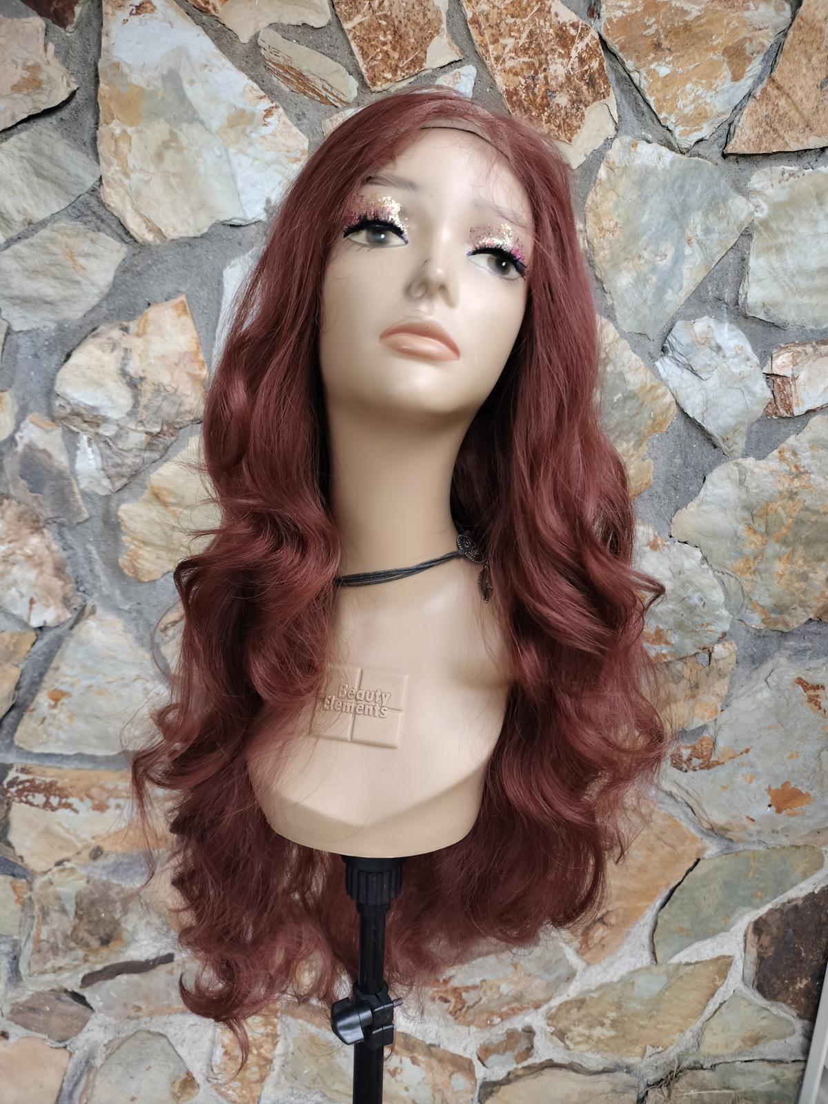 Long wavy auburn red lace front wig