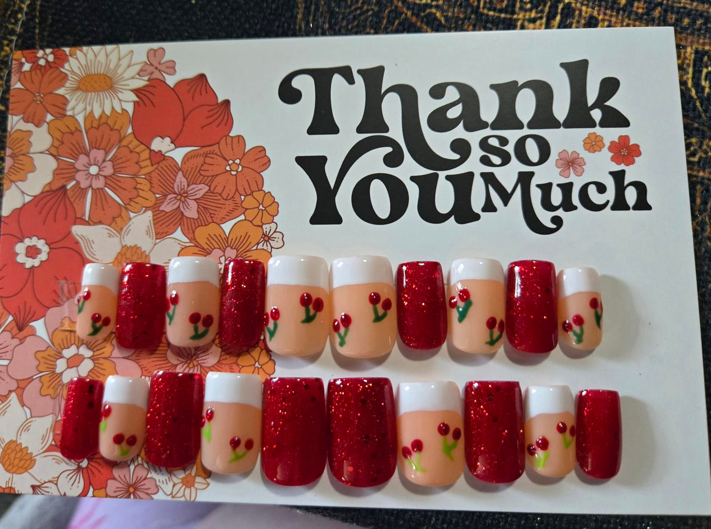 French glitter red and cherries nails custom made