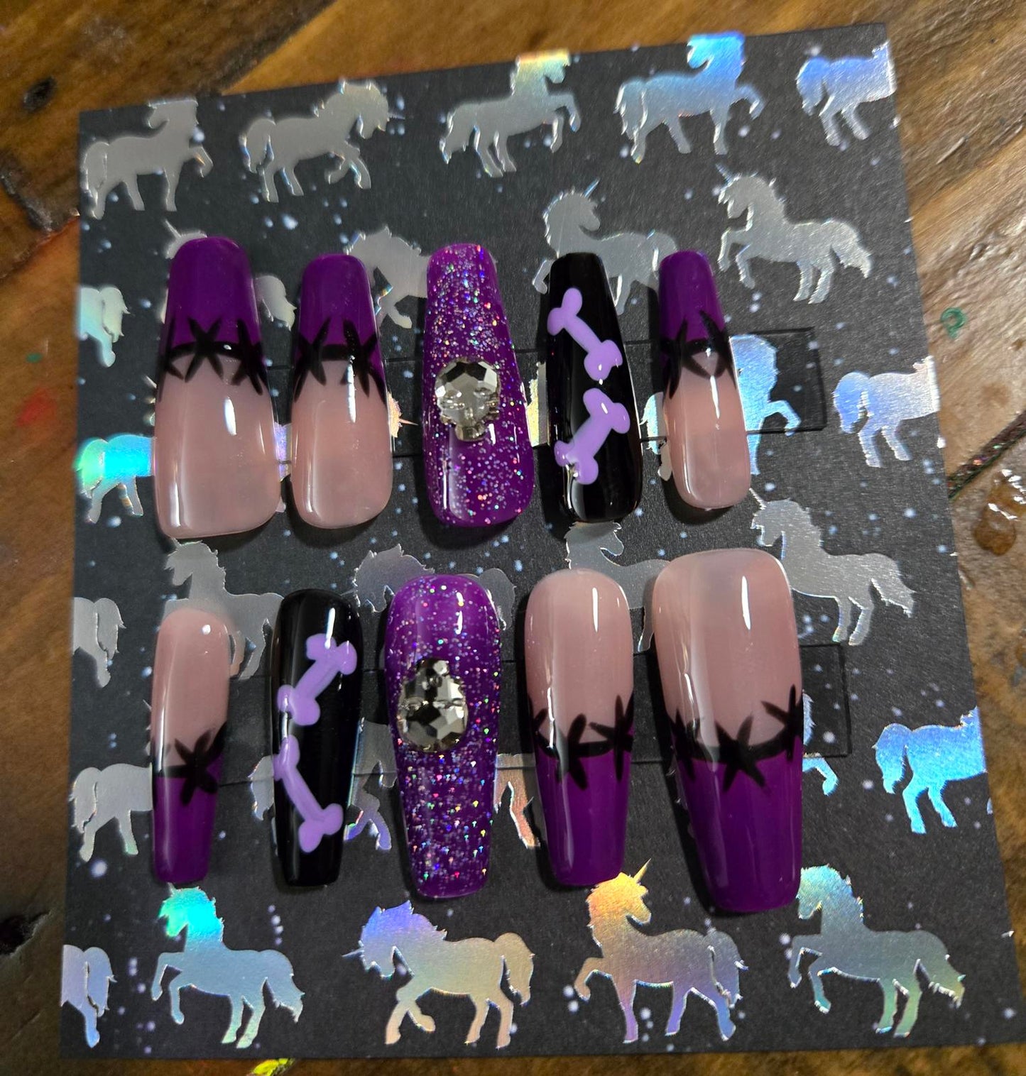 Halloween coffin shaped french tip with bones press on nails custom made