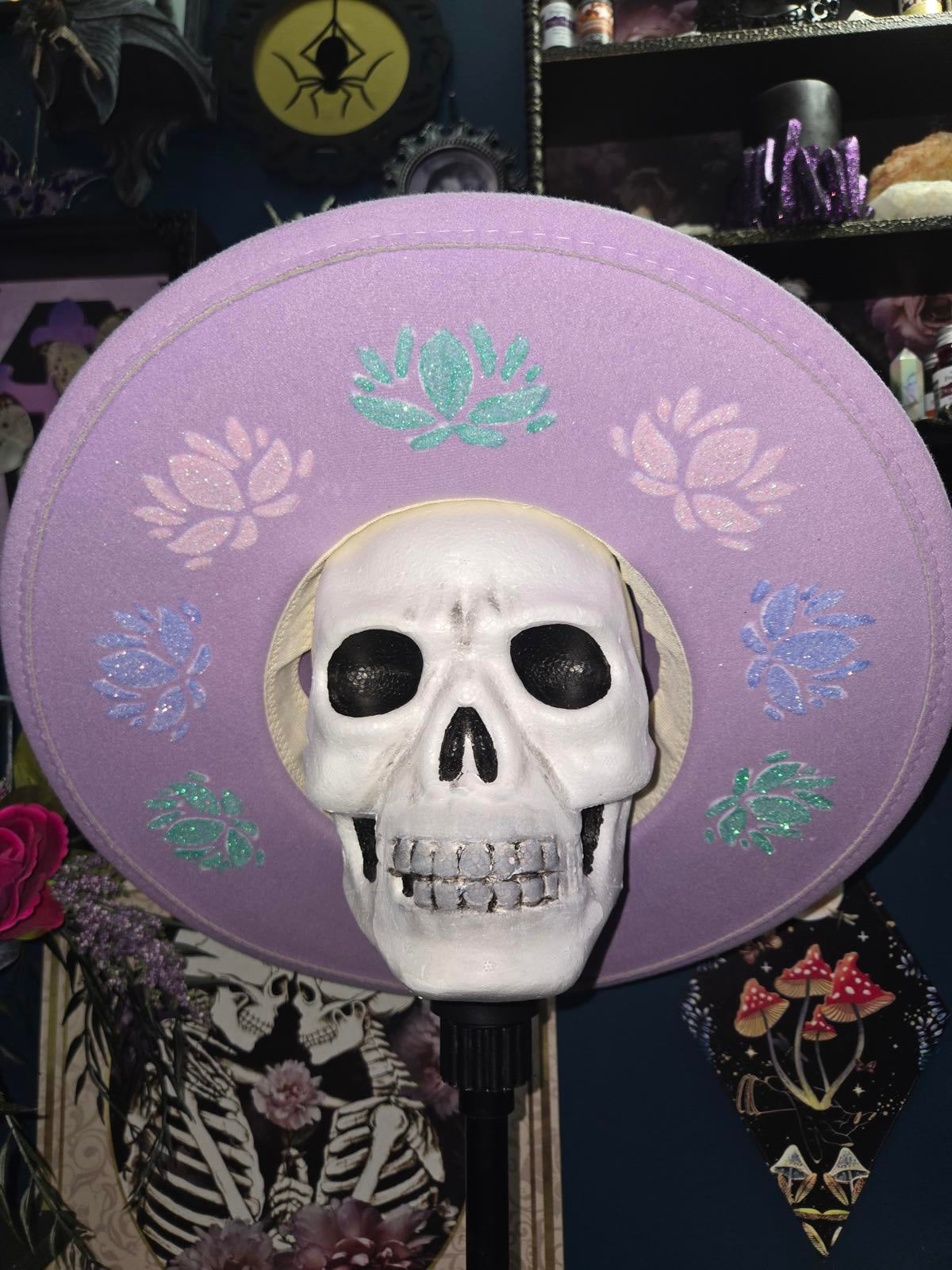 Lilac vegan suede wide brim fedora hat with glitter succulents