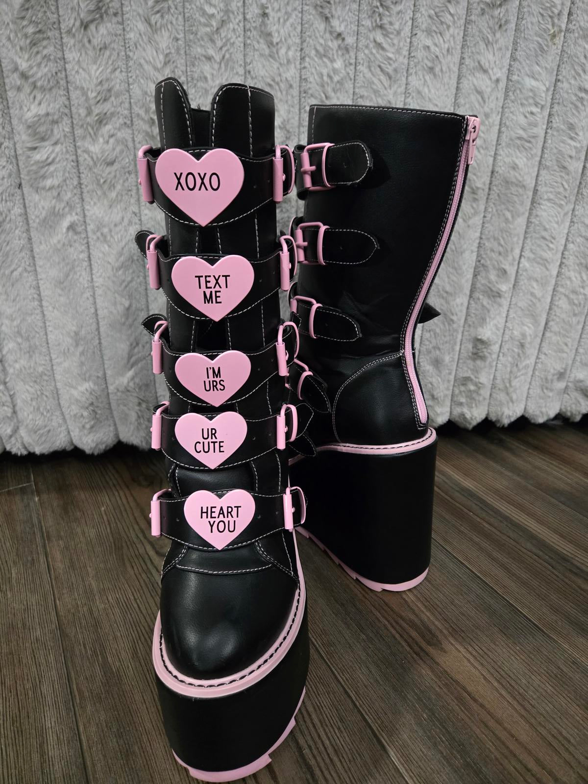 Pastel goth platform boots pink hearts with buckles
